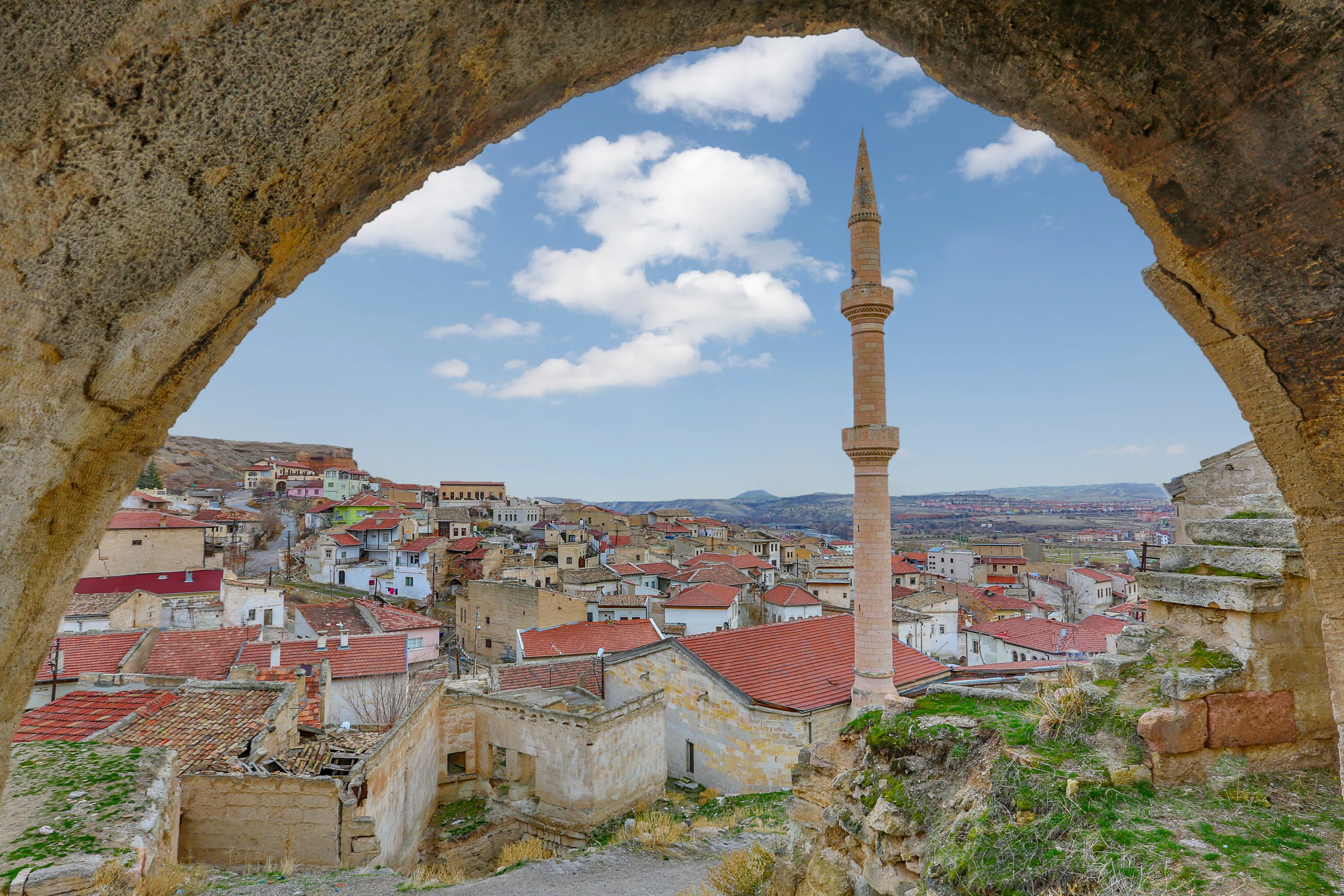 Ancient town of Avanos through a cave in Cappadocia, Turkey