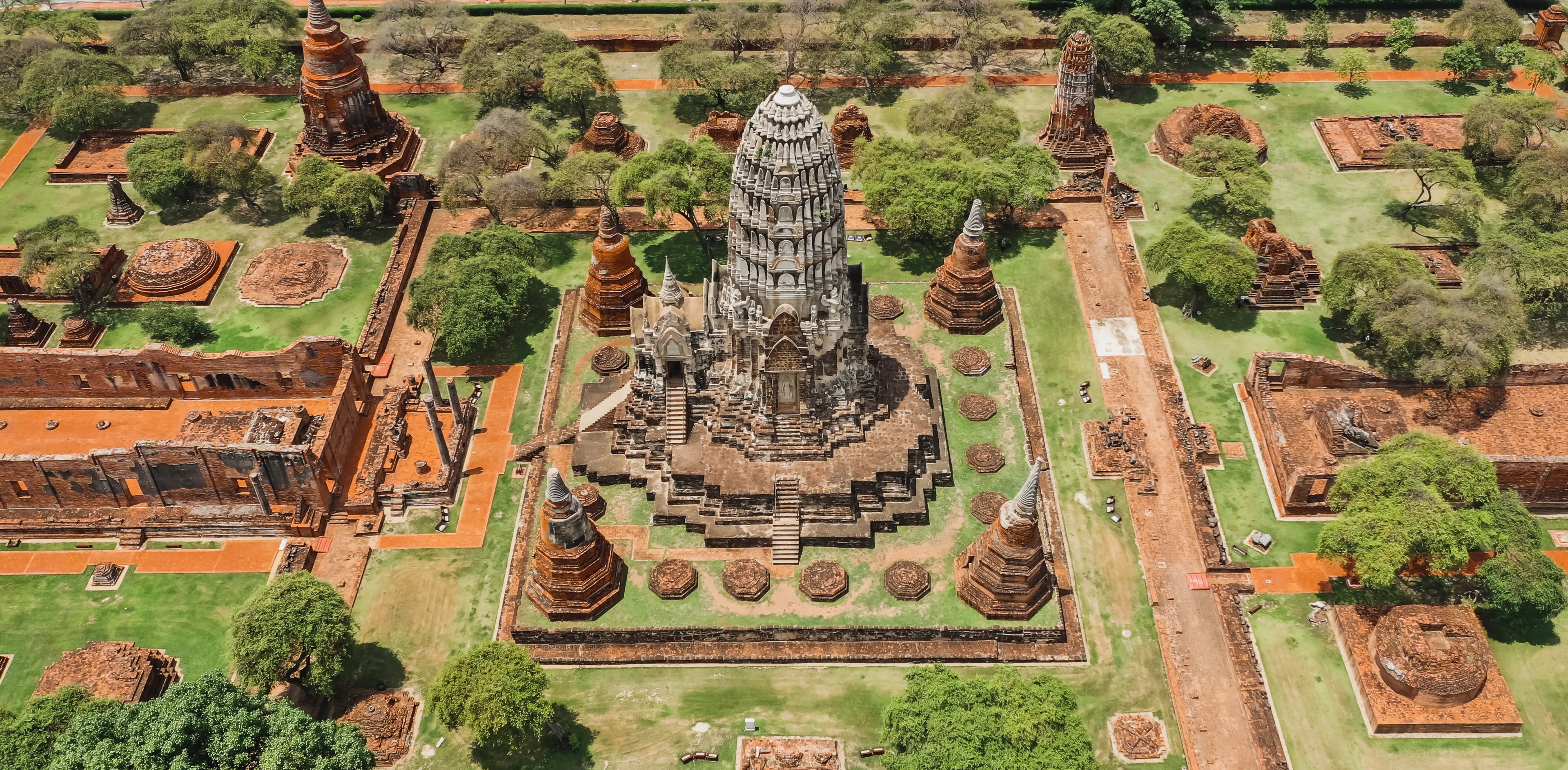 Aerial view of Ayutthaya temple, Wat Ratchaburana, empty during covid, in Phra Nakhon Si Ayutthaya, Historic City in Thailand