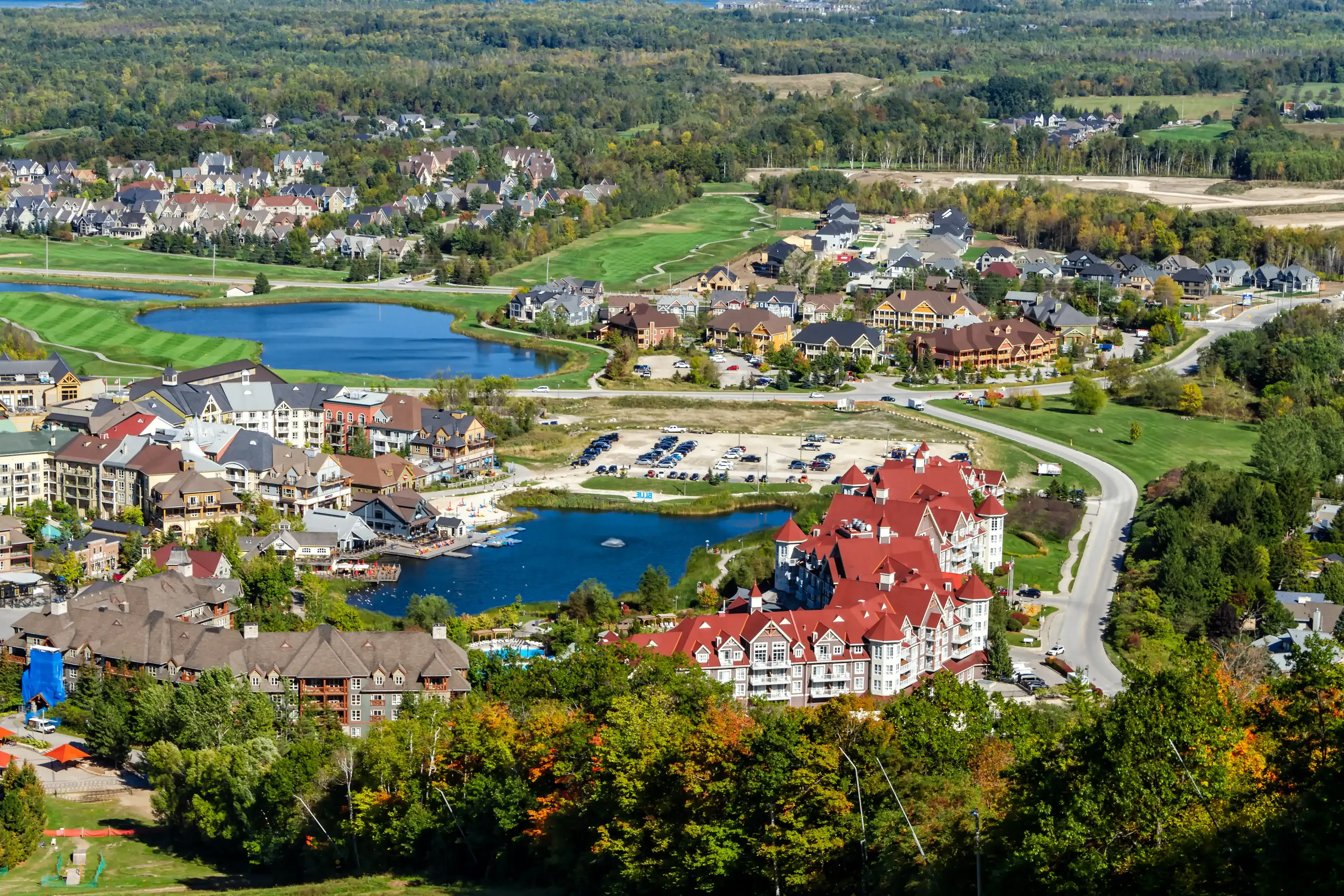 Aereal view of Blue Mountain resort and village during the autumn in Collingwood, Ontario Aereal view of Blue Mountain resort and village during the autumn in Collingwood, Ontario