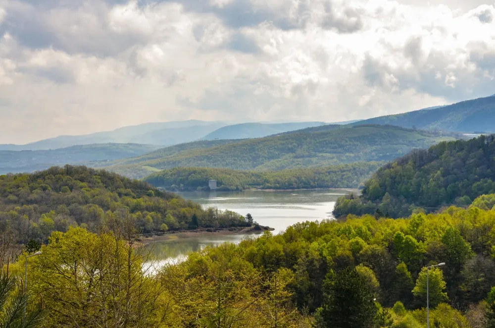scenic view of Gökçe Reservoir from mountain trail in Termal (Yalova, Turkey)