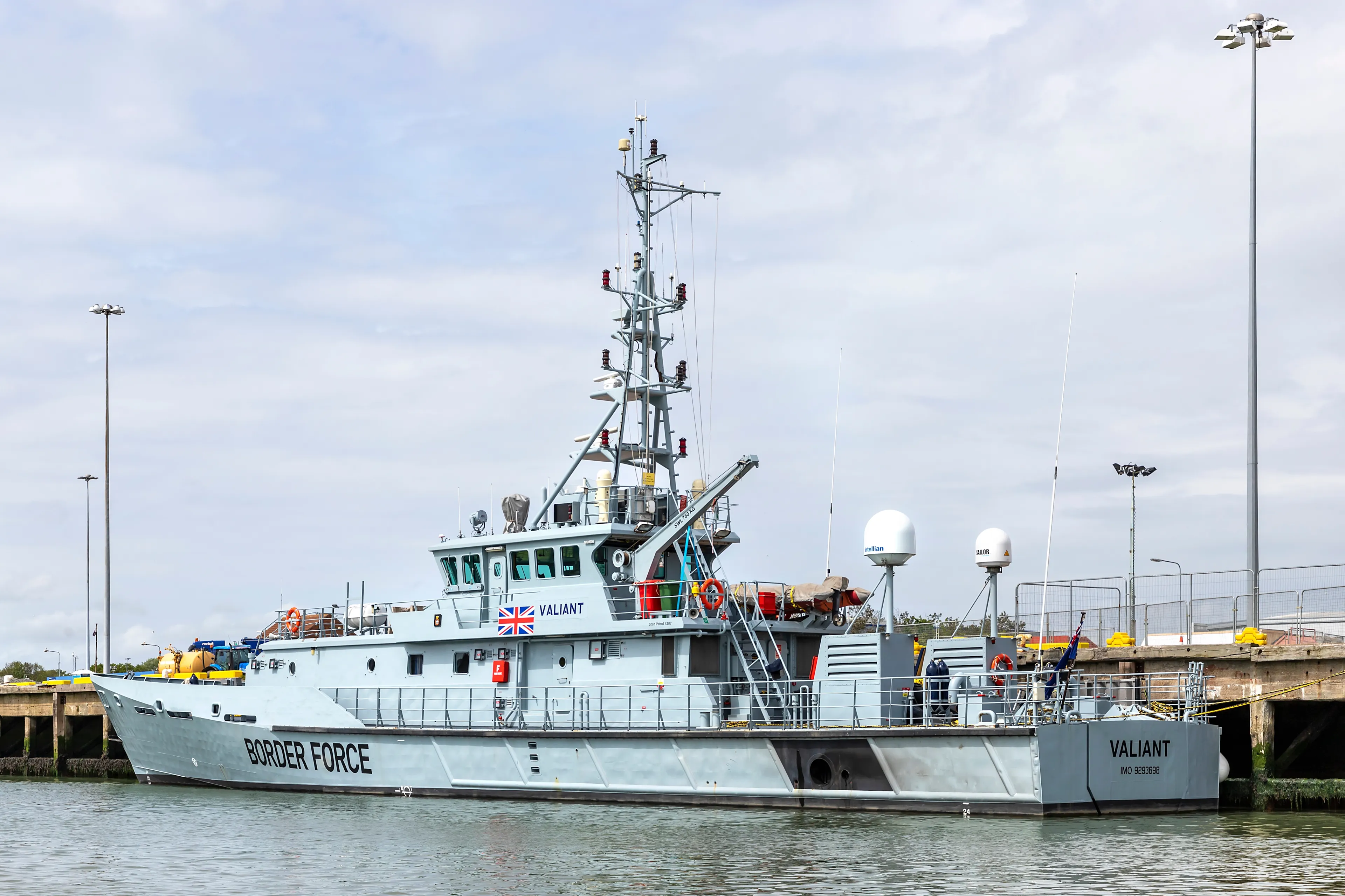 LOWESTOFT, SUFFOLK, UK – MAY 17, 2023: HMC Valiant, a Border Force (Customs) cutter of the United Kingdom, built by Damen Shipyards in the Netherlands in 2003, berthed in Lowestoft inner harbour.