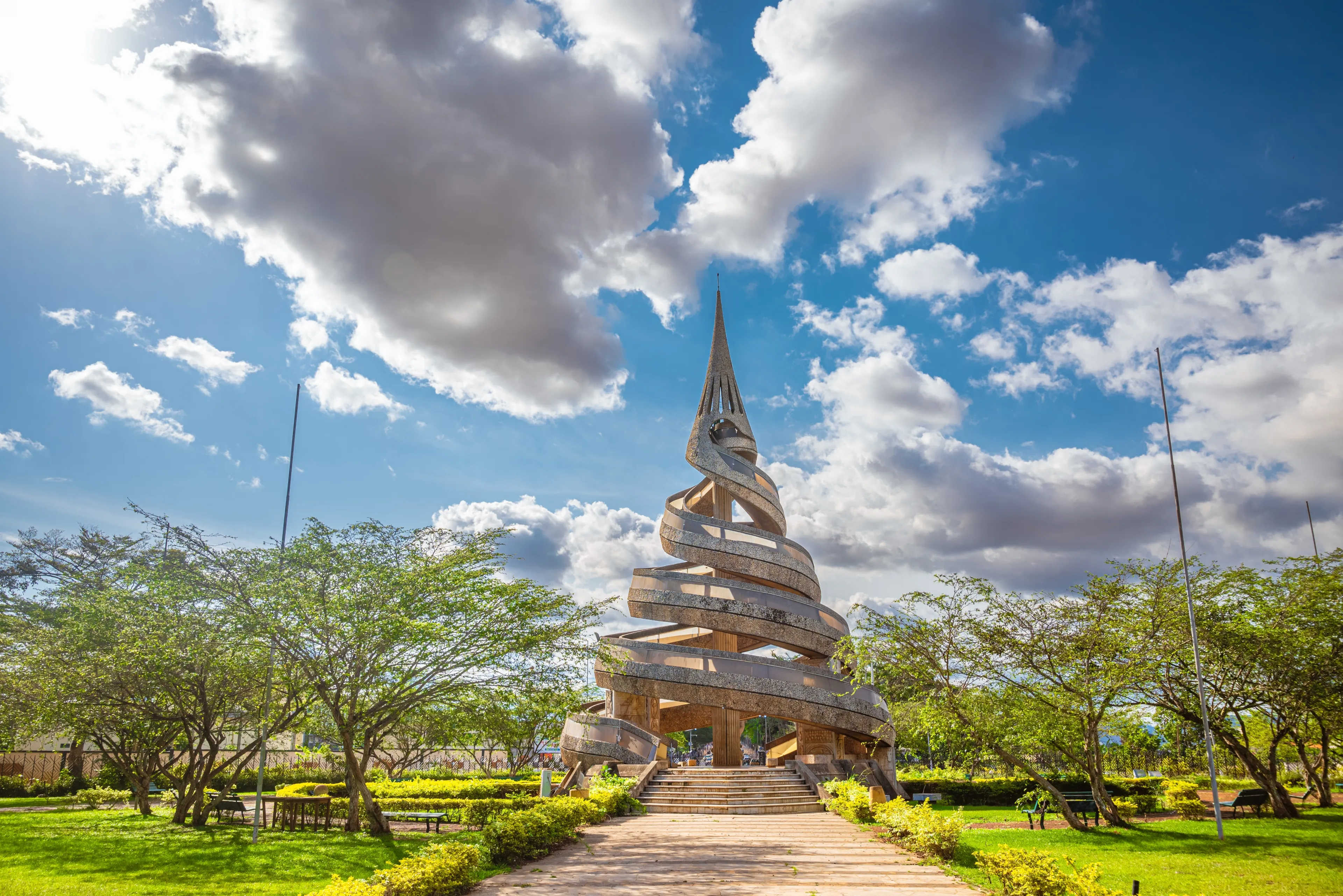 Yaoundé, Centre, Cameroon - March 24th 2023: Beatifull view on the monument of the reunification of Cameroon on a sunny day, in the very heart of Yaoundé - Cameroon.