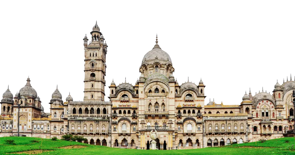 The Lukshmi Villas Palace (Vadodara, India) isolated on white background