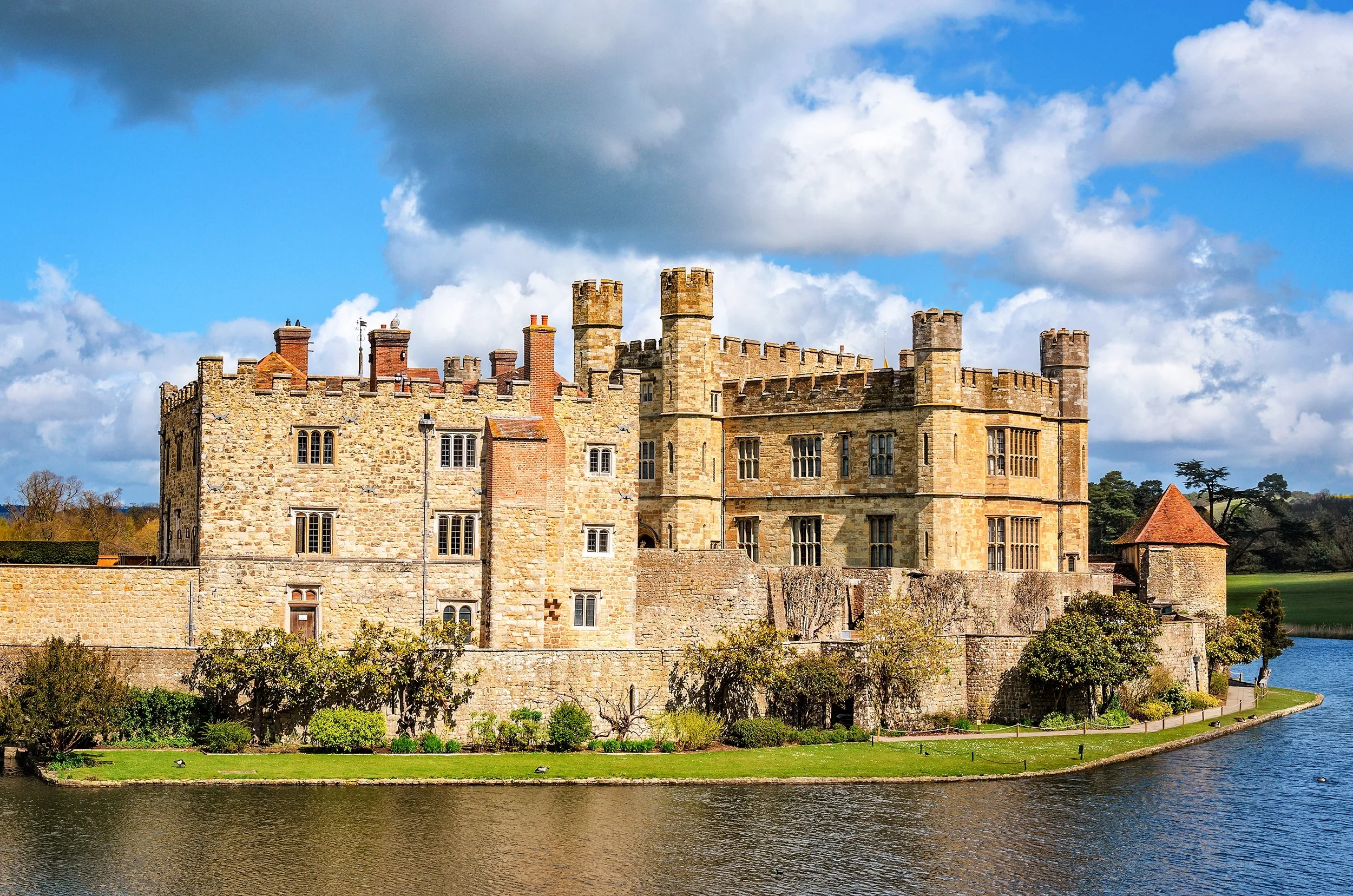 Maidstone, United Kingdom - April 27, 2012: Main building of Leeds Castle with surrounding moat. 