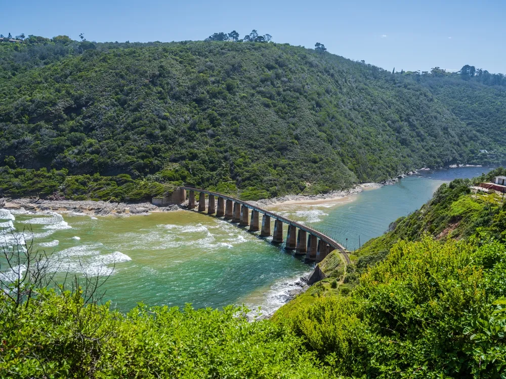 Wide angle landscape shot of the Railway Bridge over the Kaaimans River in George South Africa