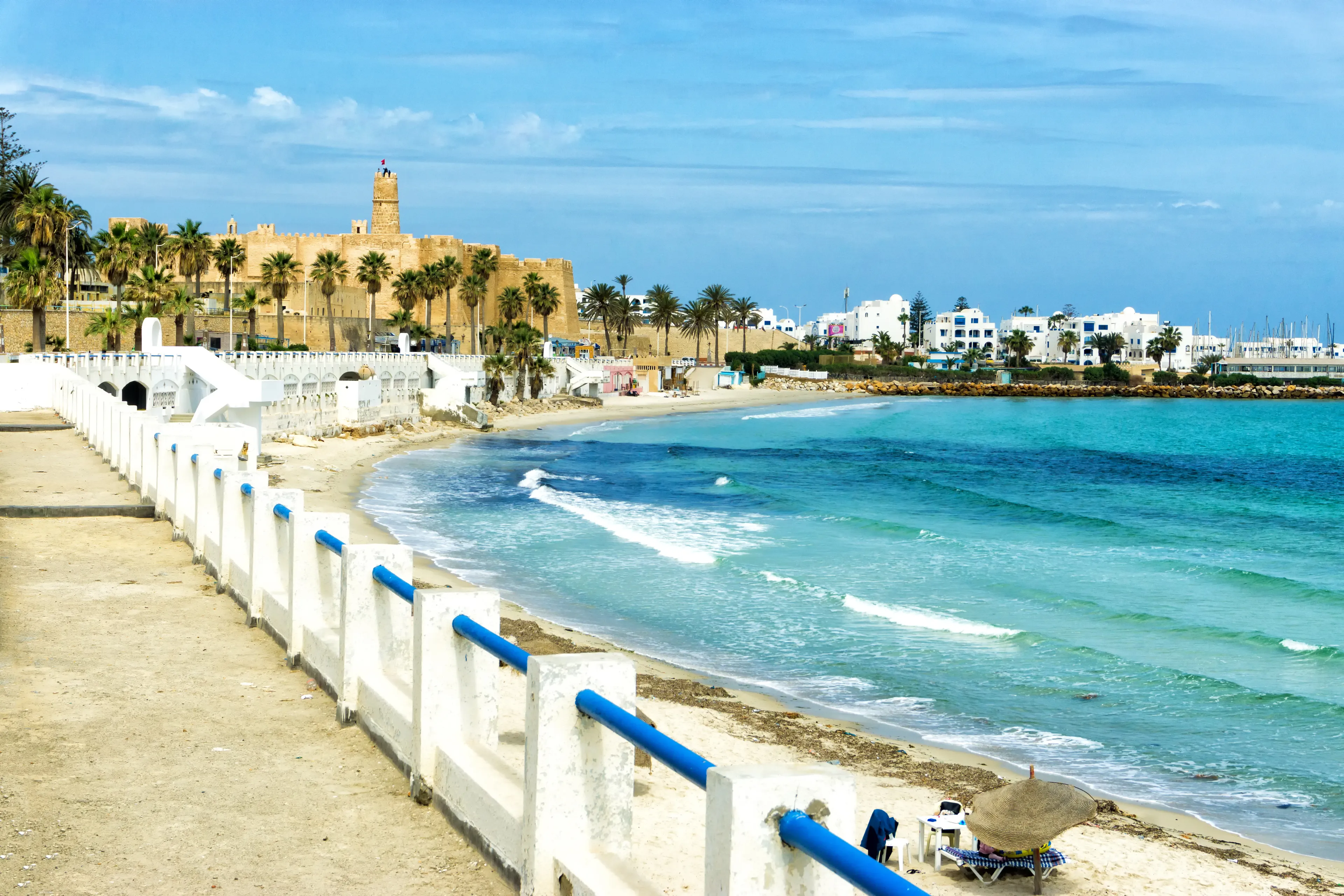 Landscape of waterfront and Ribat Fort in Monastir, Tunisia