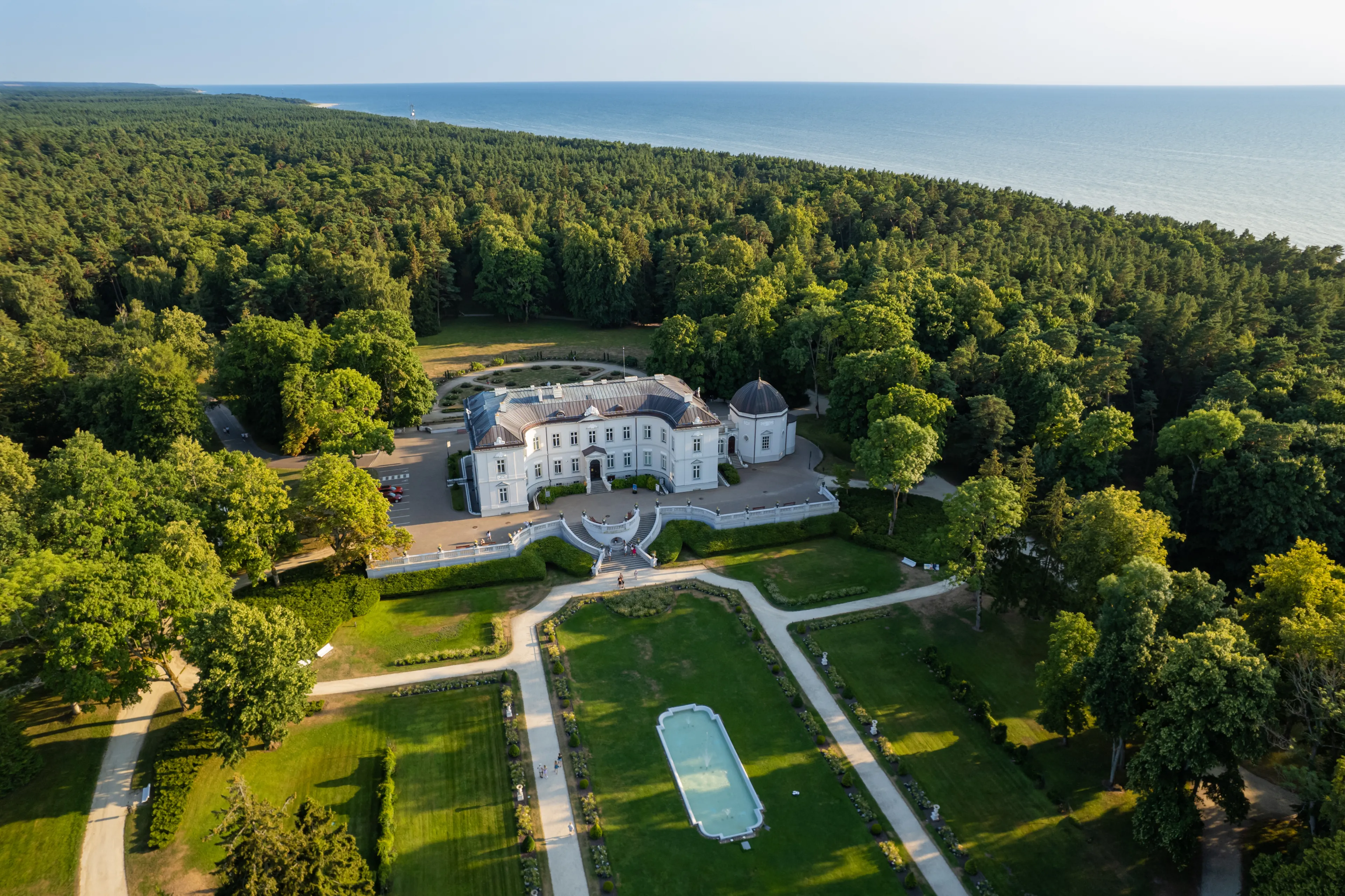 Aerial summer sunset view of historic palace in Palanga, Lithuania.