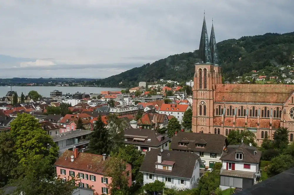 View of the city of Bregenz and the Church of Herz-Jesu, with Lake Constance in the background, Austria View of the city of Bregenz and the Church of Herz-Jesu, with Lake Constance in the background, Austria