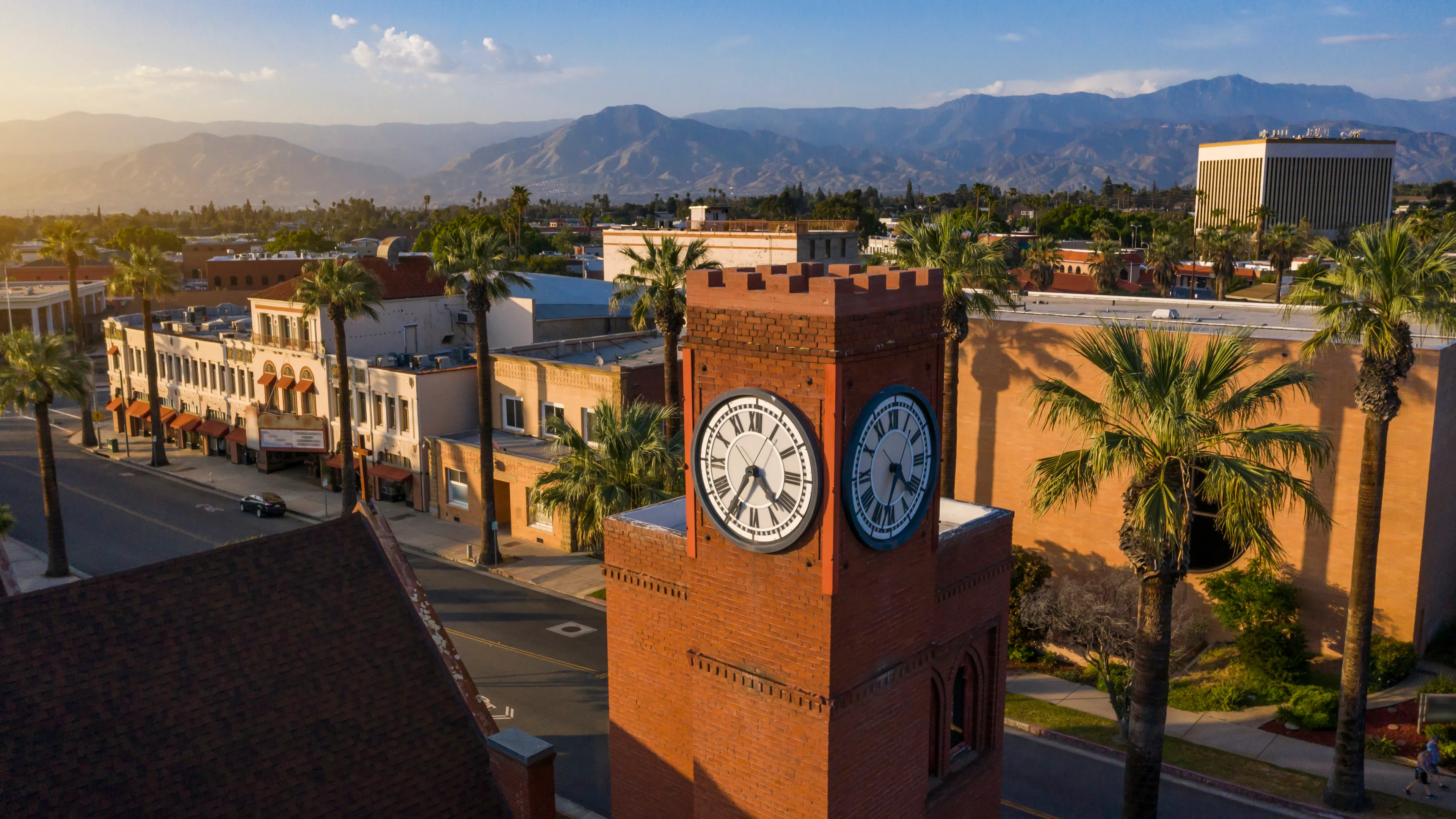 Aerial sunset view of the historic downtown area of Redlands, California.