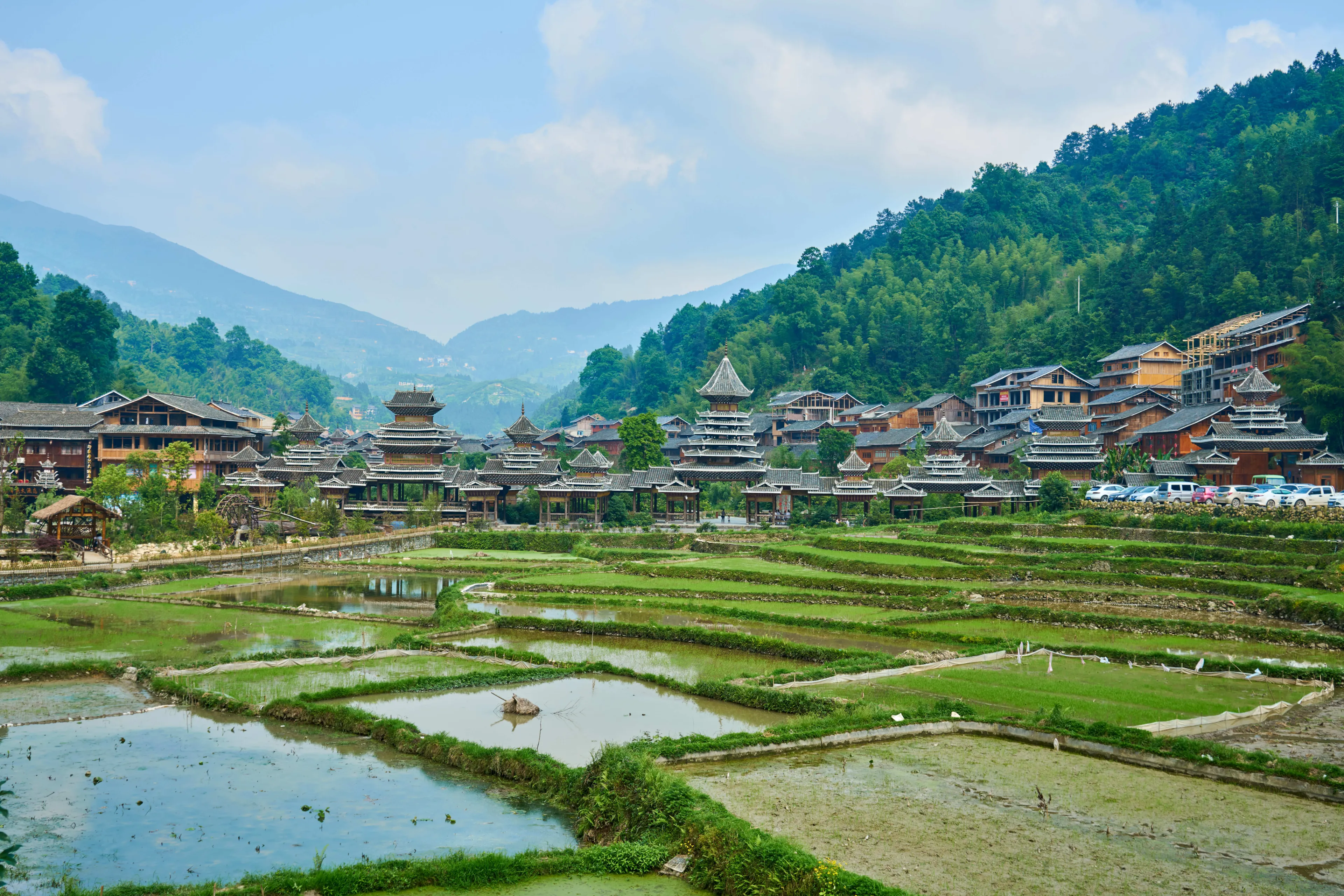 Chinese Dong Village Zhaoxing with the rice terrace from top of the hill, Province of Guizhou, China 
