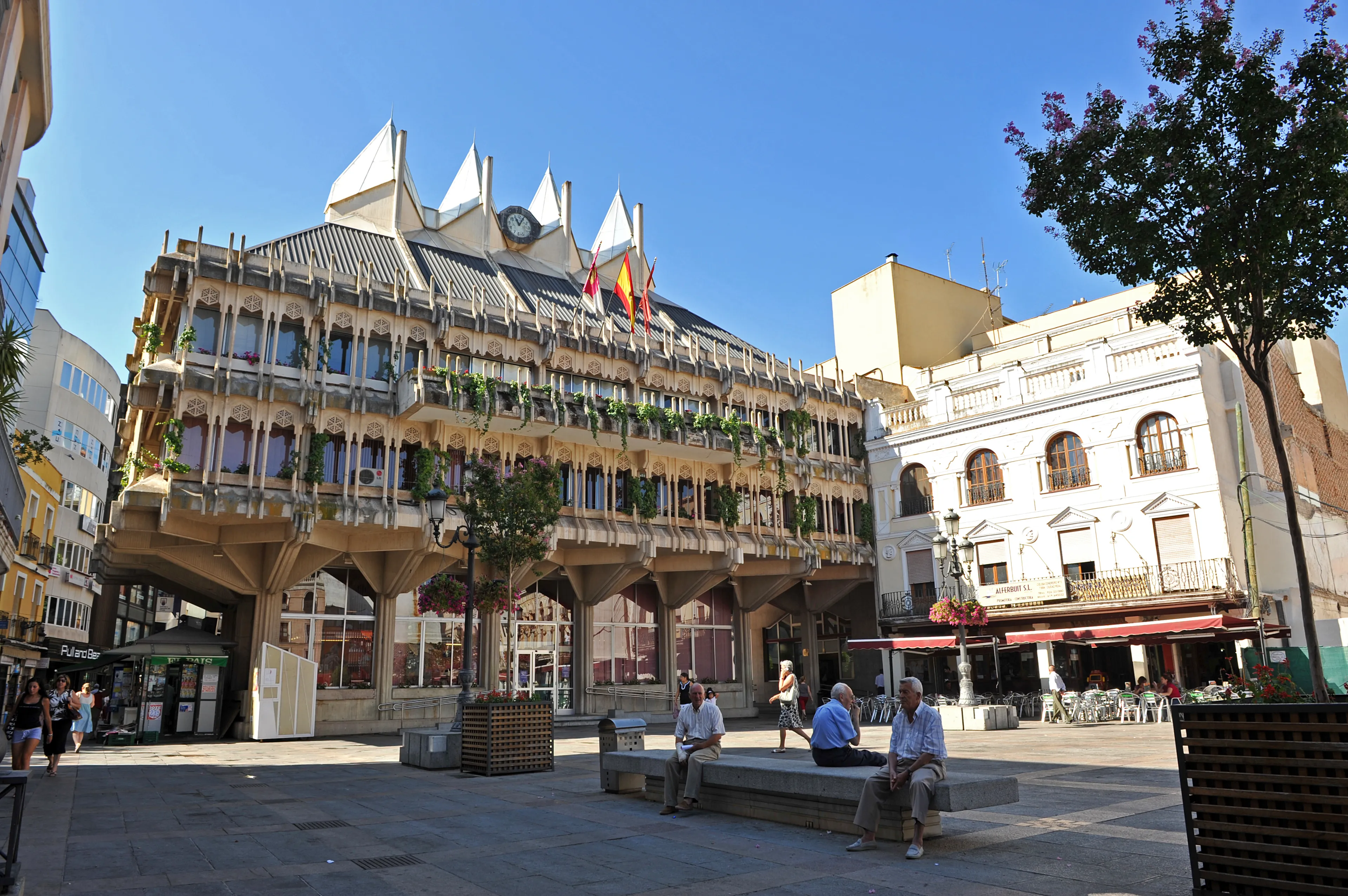 Ciudad Real, Spain - Aug 4, 2010: Main Square (Plaza Mayor) and Town Hall of Ciudad Real, Castilla la Mancha, Spain