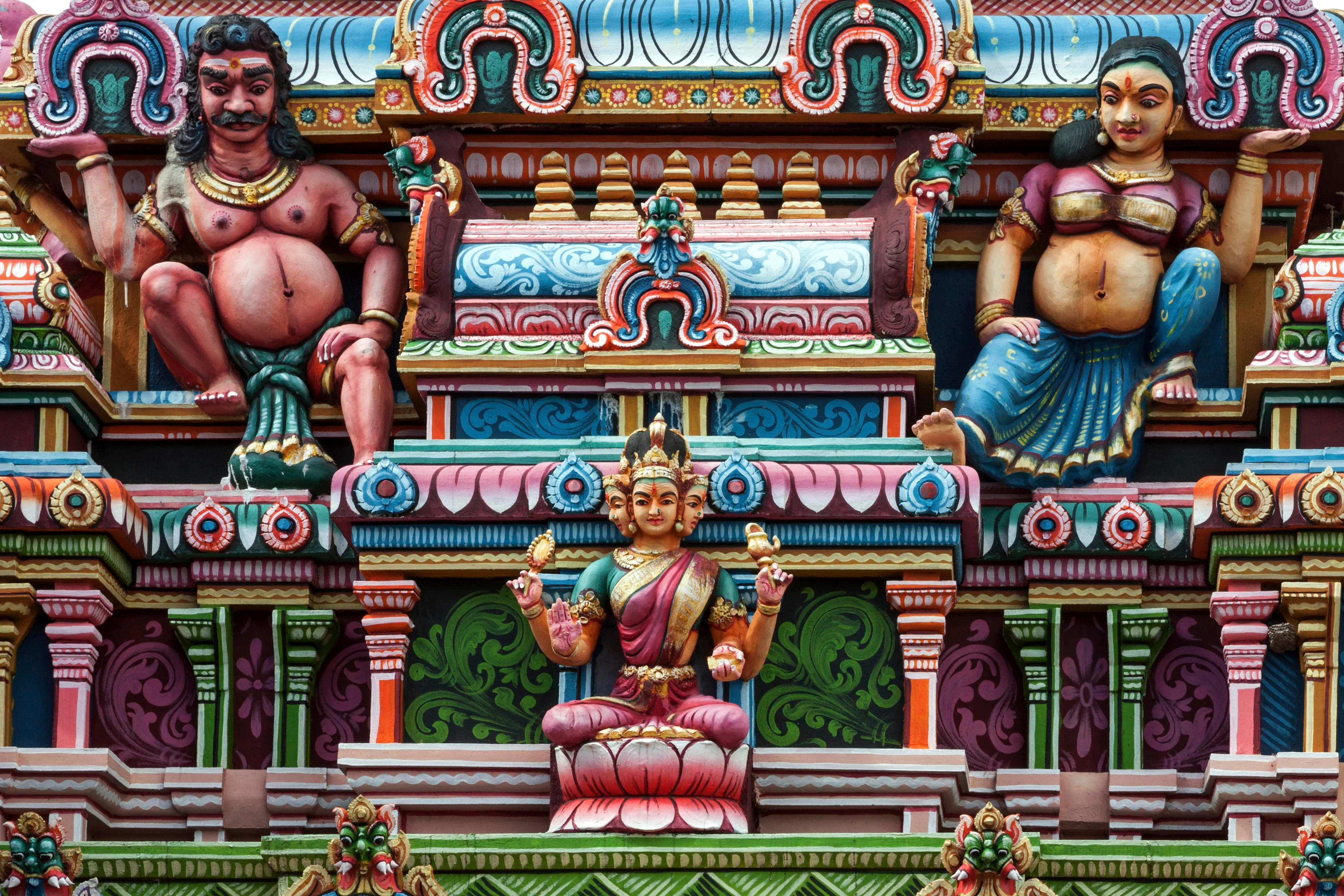 Detail, Hindu temple colourfully decorated with figures and gods, in Rose Belle, Mauritius