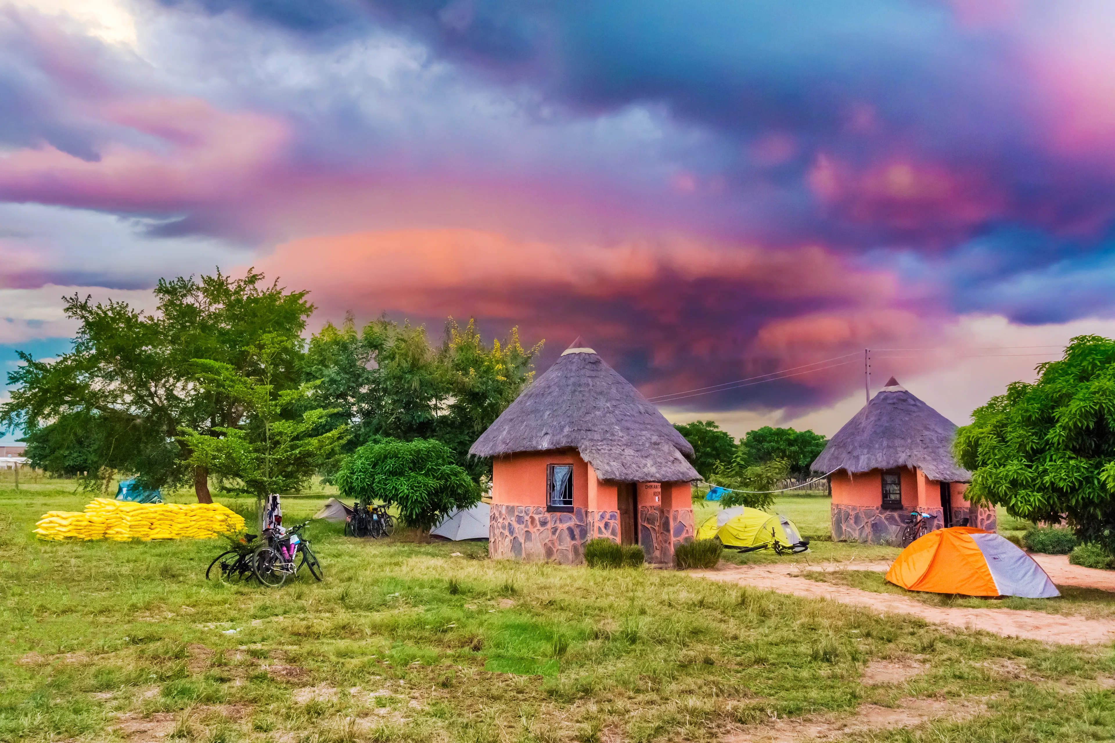 Kalomo, Zambia - April 6, 2015: Picturesque sunset landscape over camp near Kalomo in Zambia