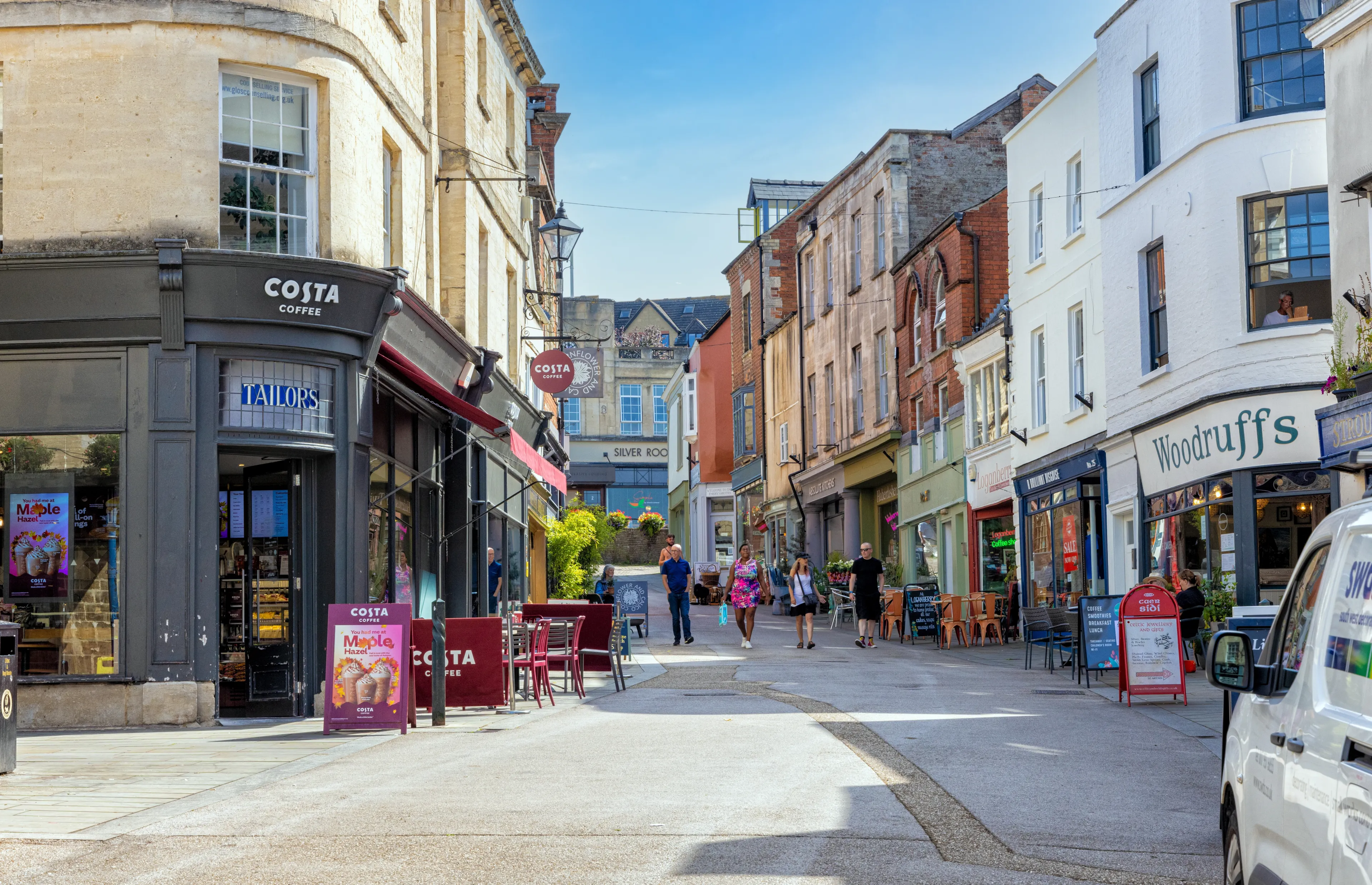 Stroud, United Kingdom - September 5 2023: View up the High Street in Stroud, a market town in Gloucestershire. Situated in the Cotswolds at the meeting point of the Five Valleys, England, United Kin
