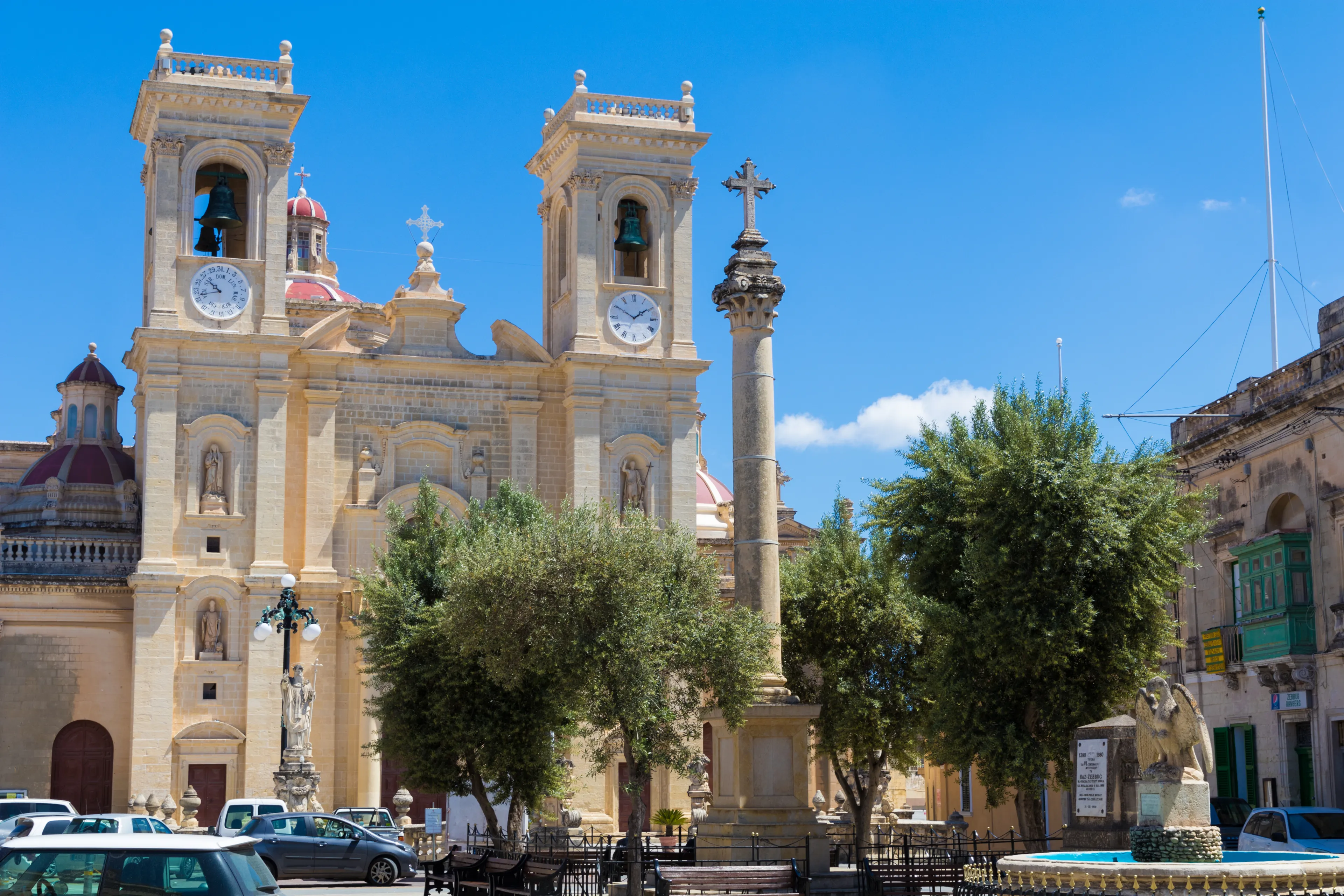 Beautiful exterior Church of St Philip of Agira, Roman Catholic Parish Church in Haz-Zebbug, Malta, EU, April 2017