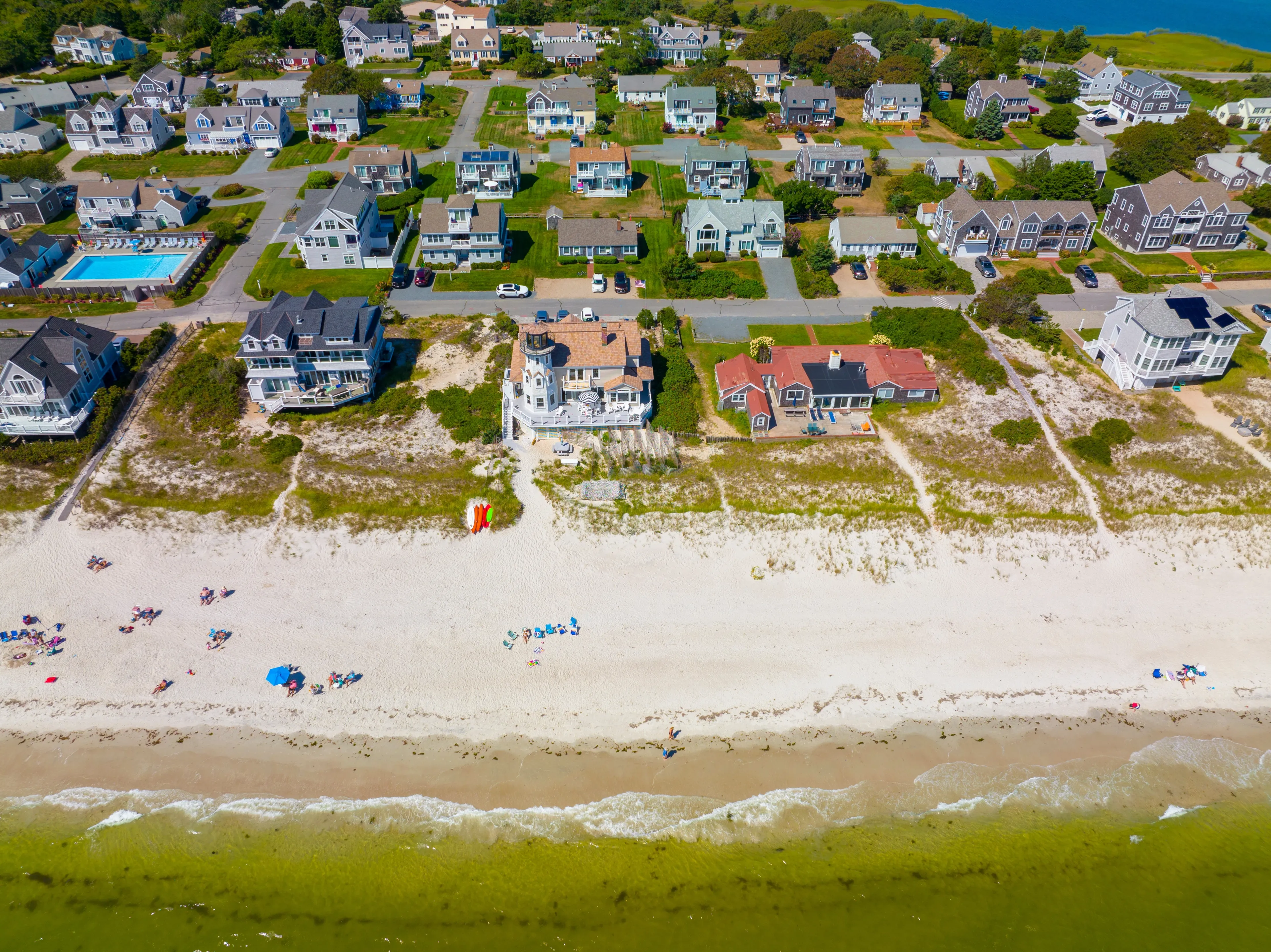 Sea Gull Beach Lighthouse aerial view at Great Island next to Seagull Beach, West Yarmouth, Cape Cod, Massachusetts MA, USA. 