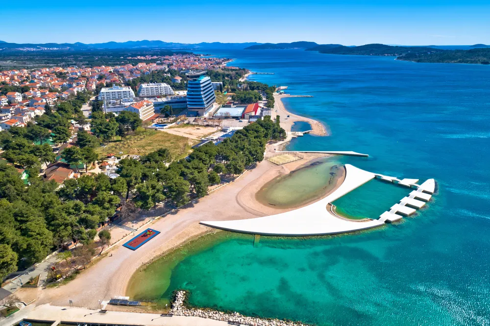 Adriatic town of Vodice waterfront aerial view, Dalmatia archipelago of Croatia 