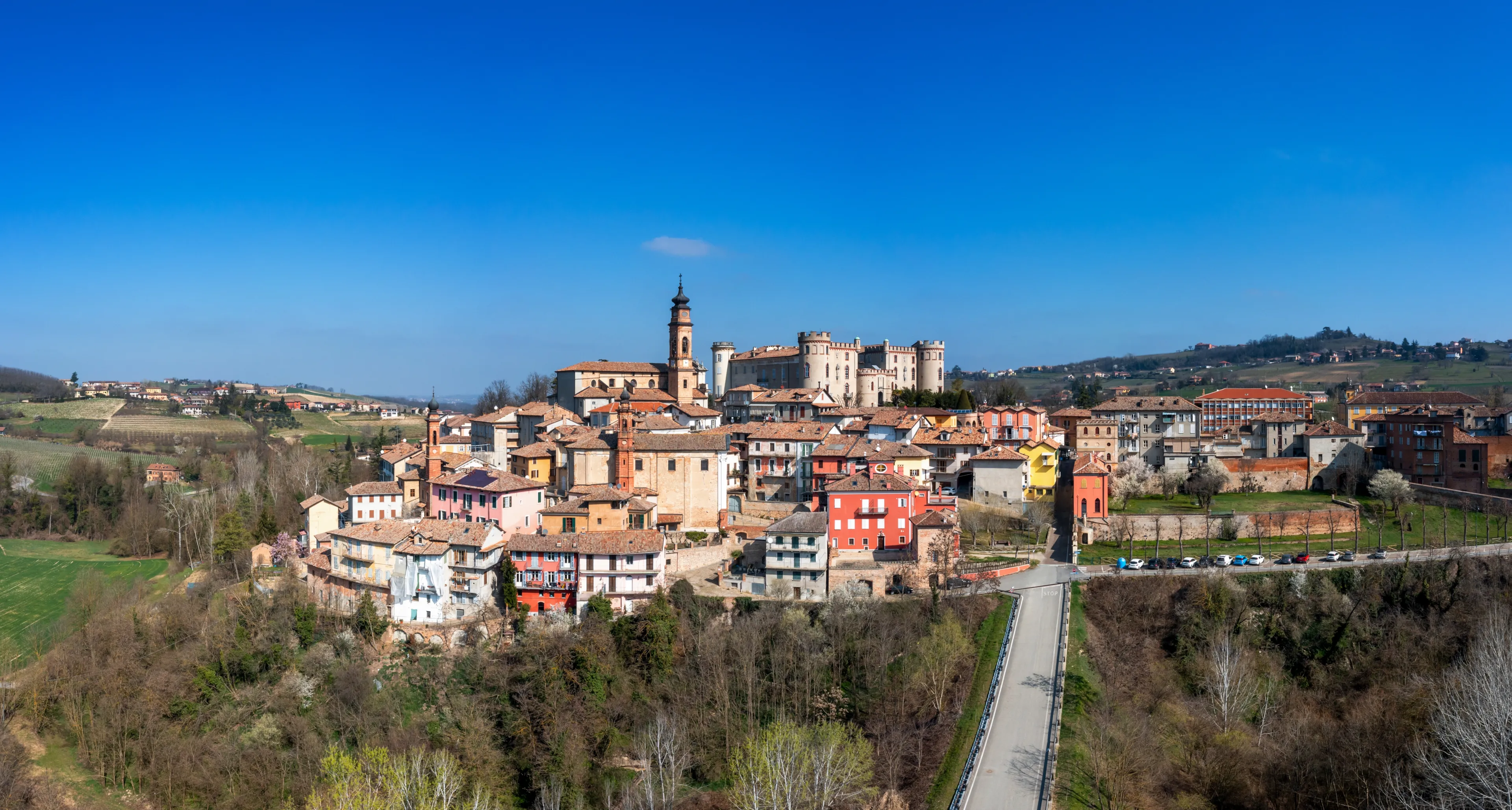 Costiglione d'Asti, Italy - 12 March, 2023: view of the picturesque village of Costigliole d'Asti in the Piedmont wine region of Italy