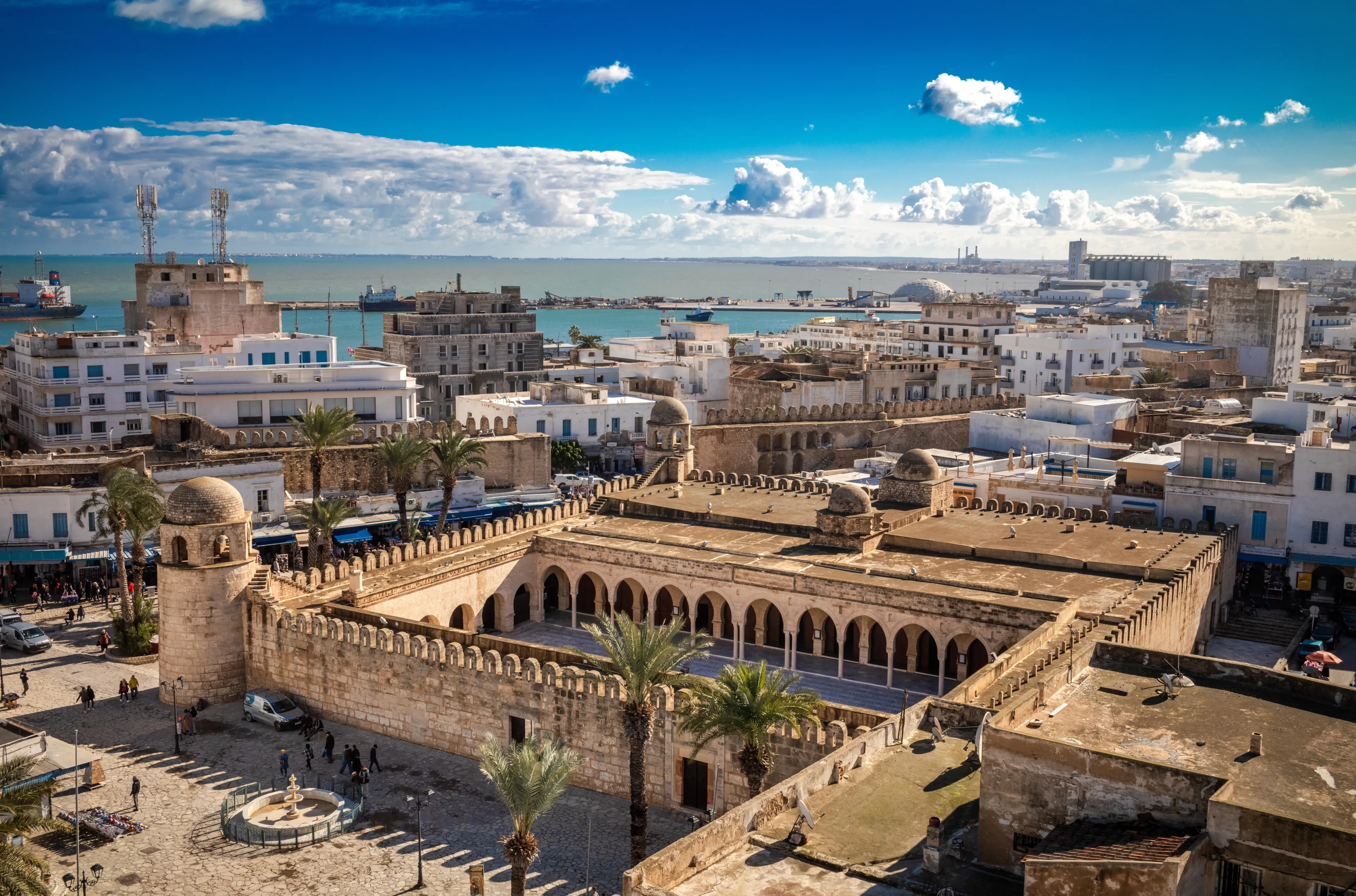 Sousse Tunisia - Dec 20 2024: An aerial view of the Grand Mosque and the port looking down from the Ribat in the ancient medina of Sousse in Tunisia.
