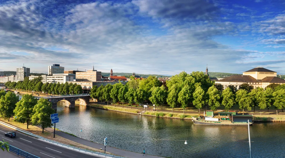Saarbrücken, Saarland, View of city center with old bridge an theater in panoramic format