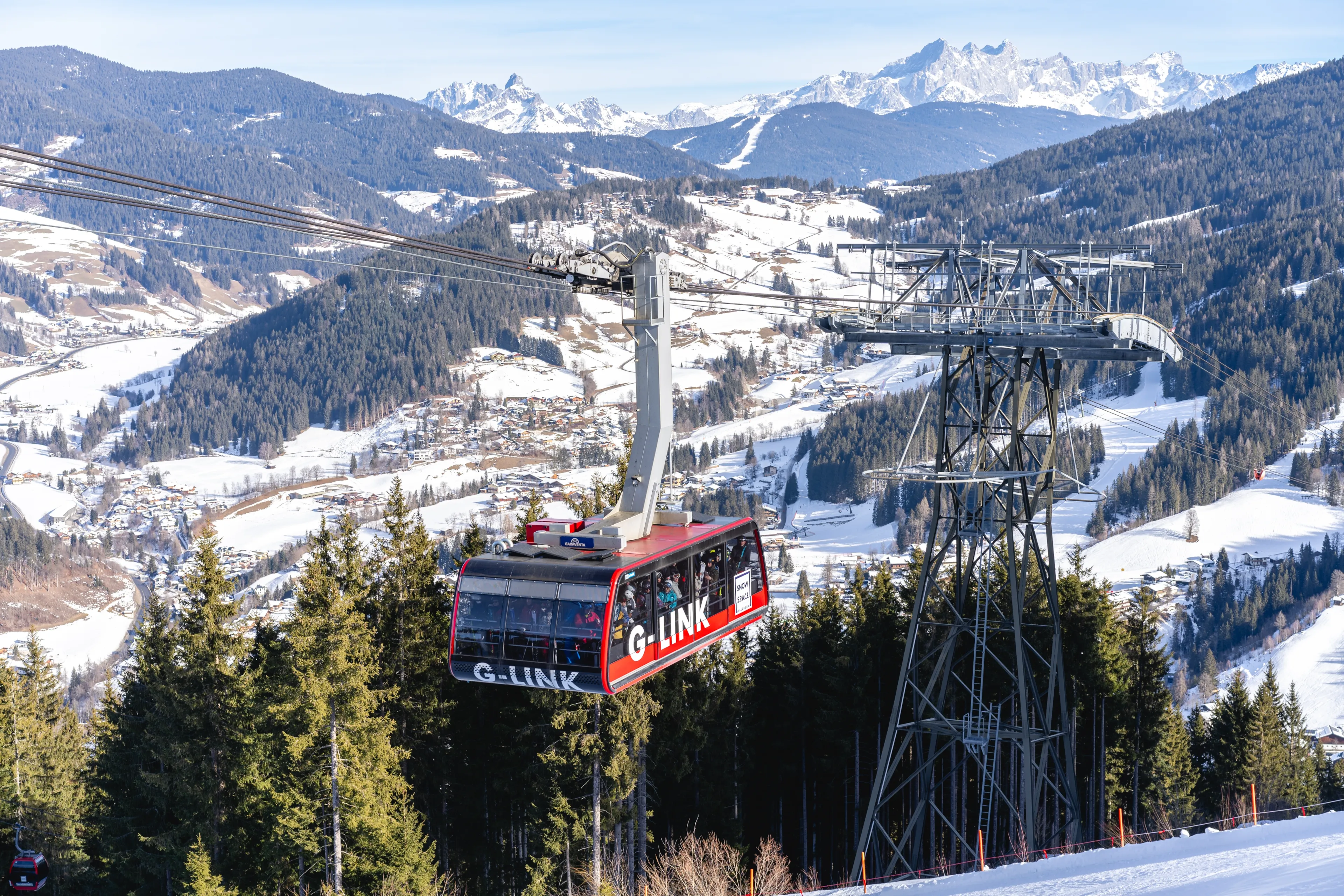 Wagrain, Austria - January 22, 2025: G-link aerial tramway transporting skiers between Wagrain and Flachau ski resorts, with capacity of 130 skiers in a cabin