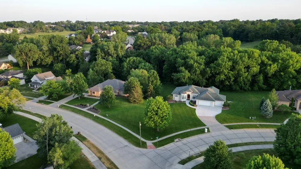 Drone view of a rich neighborhood in Iowa, USA