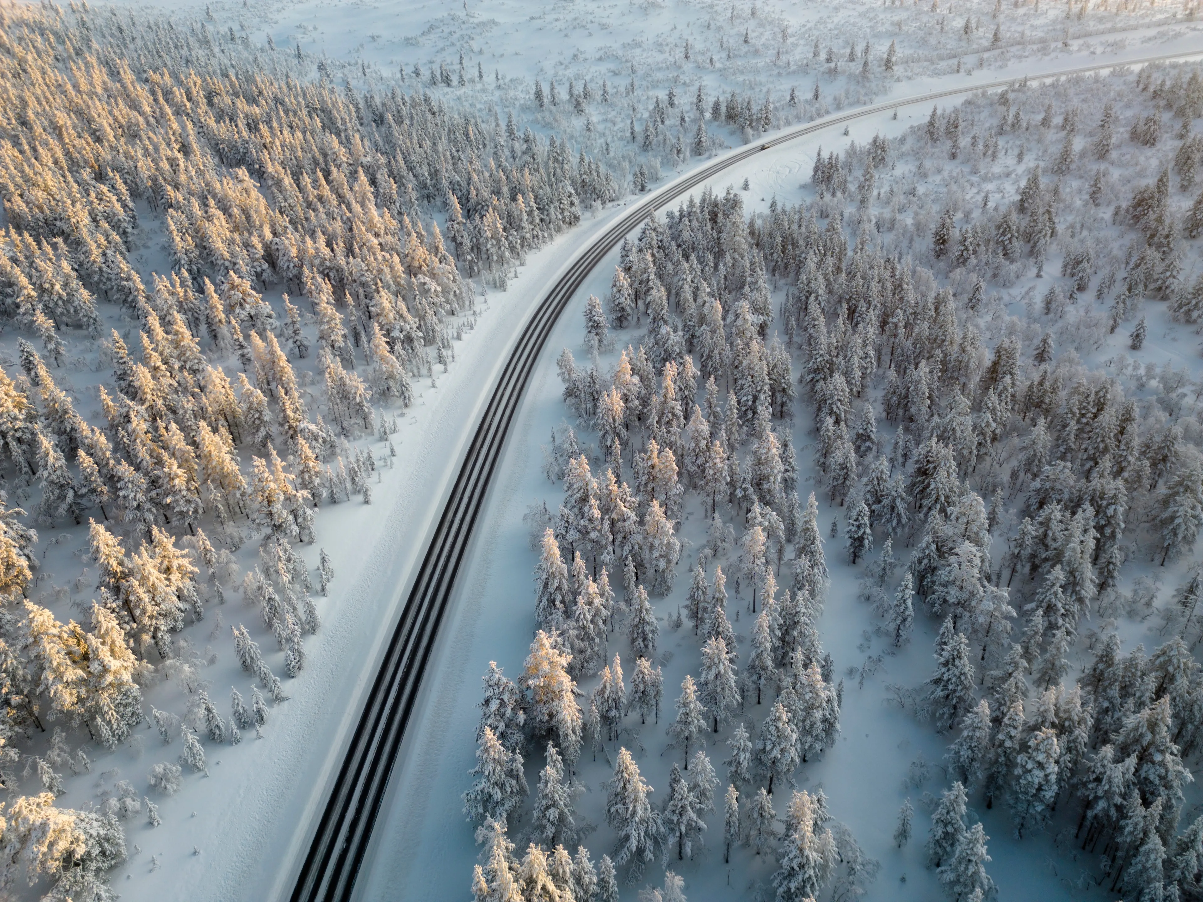 Aerial view of the road between Ivalo and Saariselka, Finland