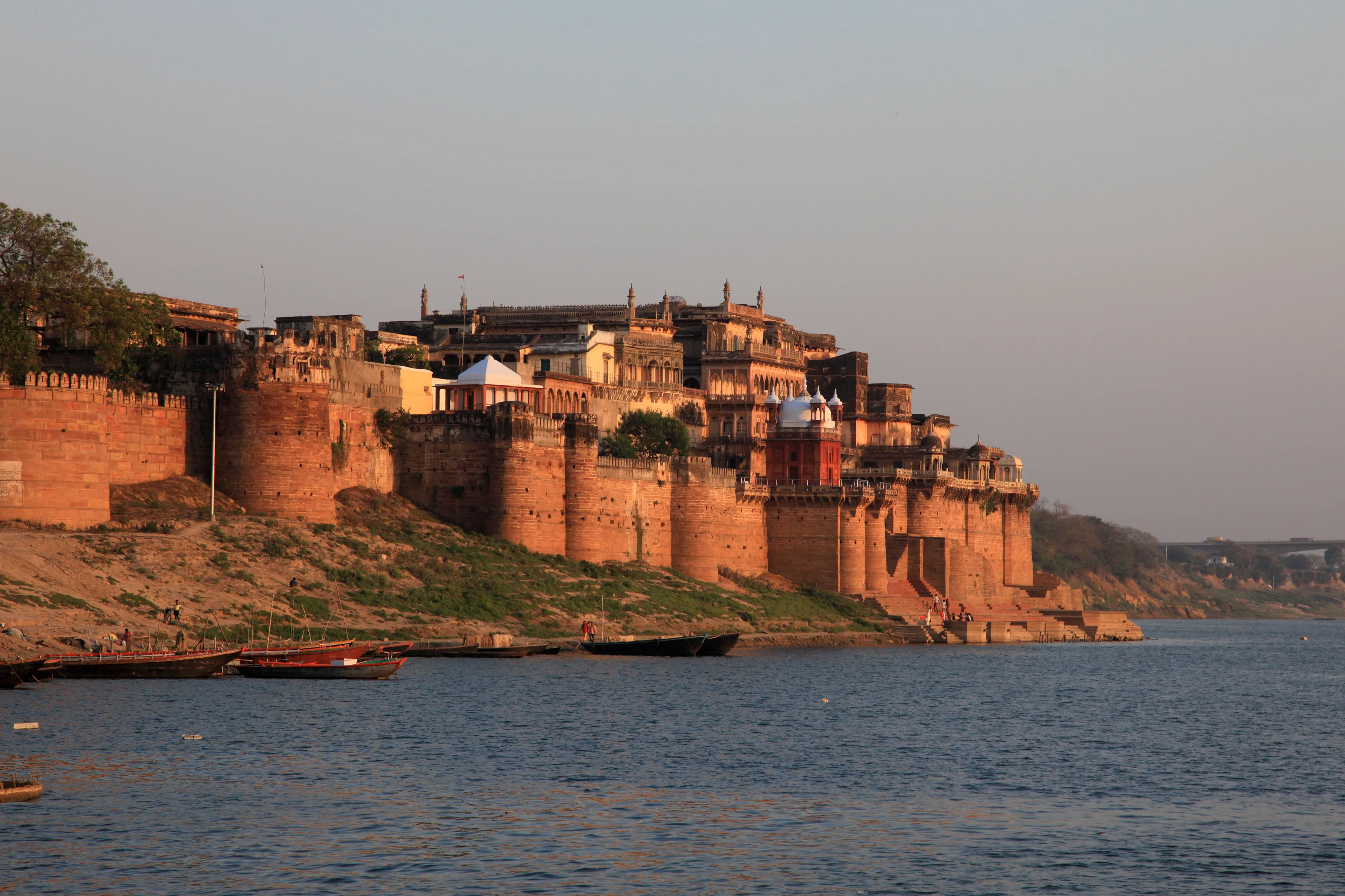 View of the ancient Ramnagar Fort from the river Ganges. The Ramnagar Fort of Varanasi was built in 1750 in typical Mughal style of architecture.
