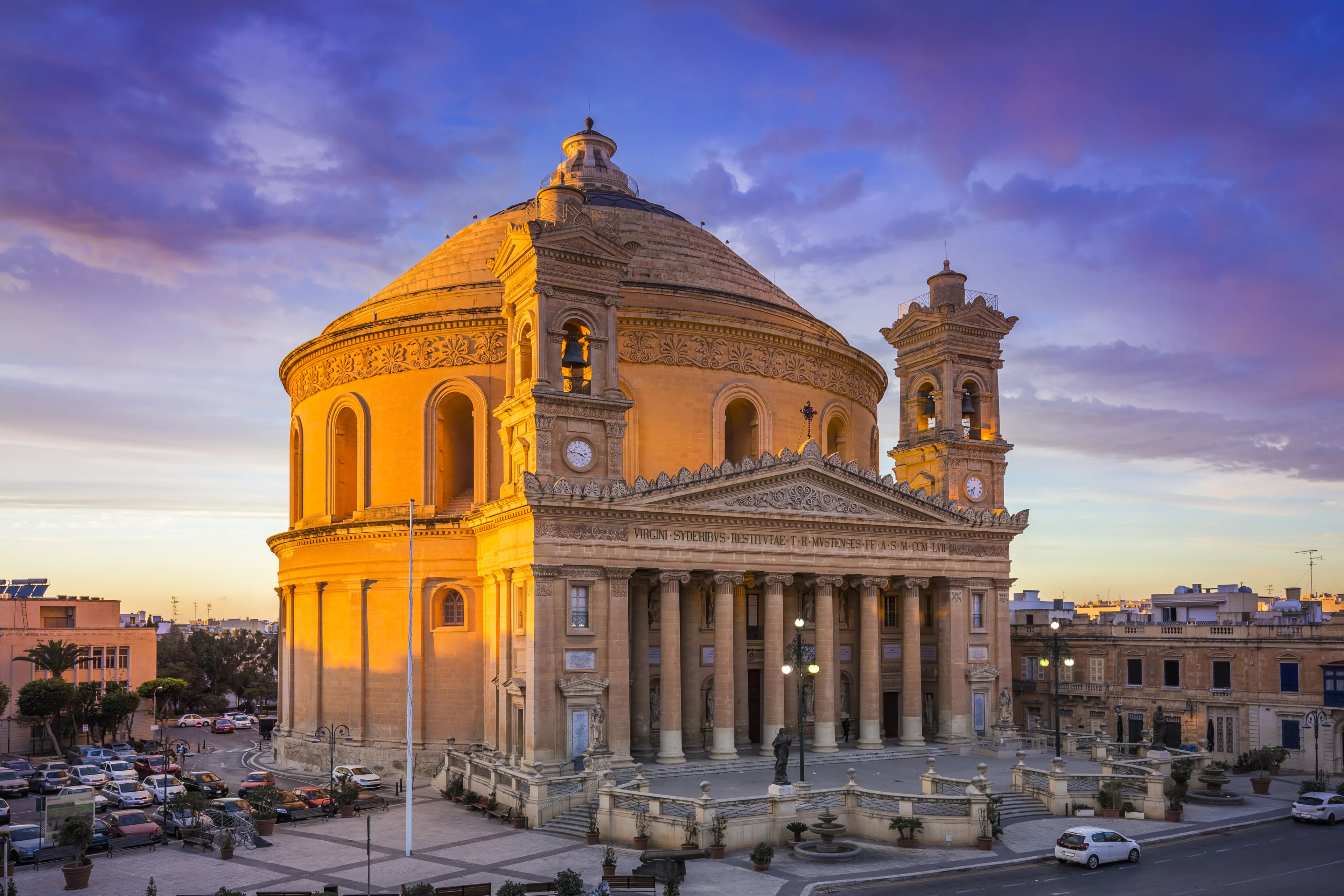 Malta - The famous Mosta Dome at sunset with beautiful sky and clouds