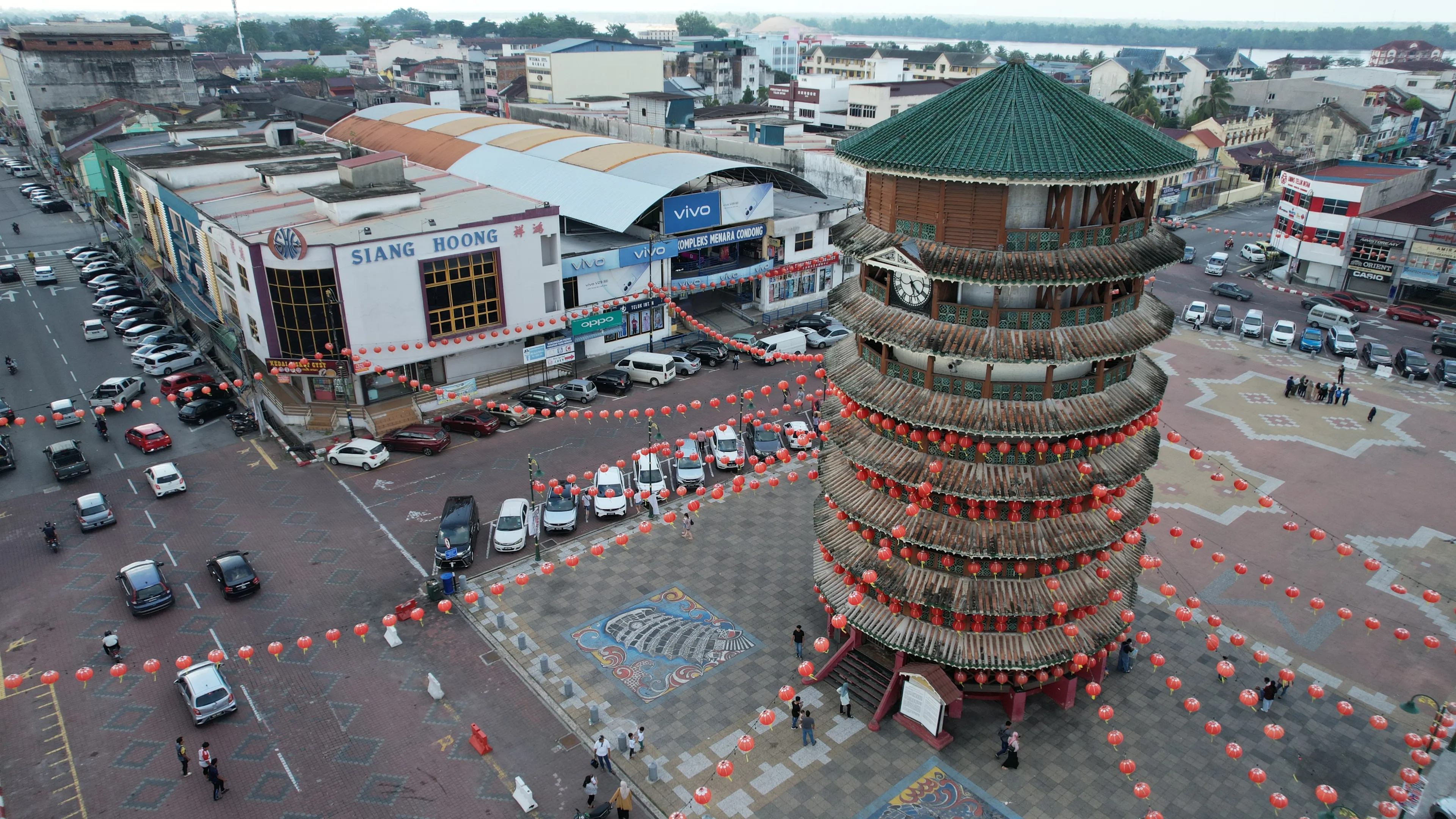 Teluk Intan, Malaysia - February 16 2024: Aerial View of the Leaning Tower of Teluk Intan