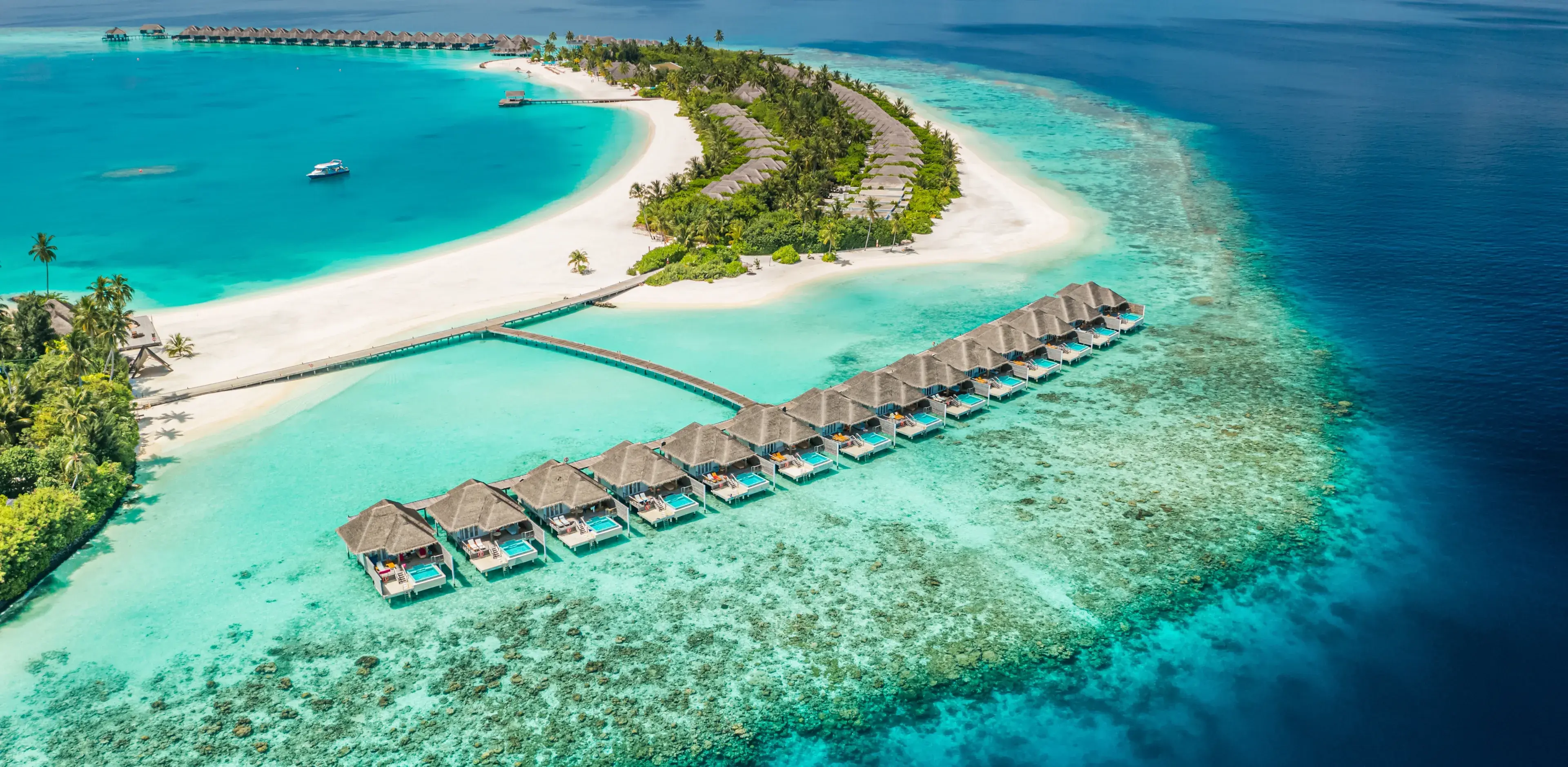 Perfect Maldives paradise scene. Tropical aerial landscape, seascape, luxury water villas. Amazing sea sky, reef lagoon beach picturesque nature. Exotic tourism, panoramic destination, summer vacation Perfect Maldives paradise scene. Tropical aerial landscape, seascape, luxury water villas. Amazing sea sky, reef lagoon beach picturesque nature. Exotic tourism, panoramic destination, summer vacation