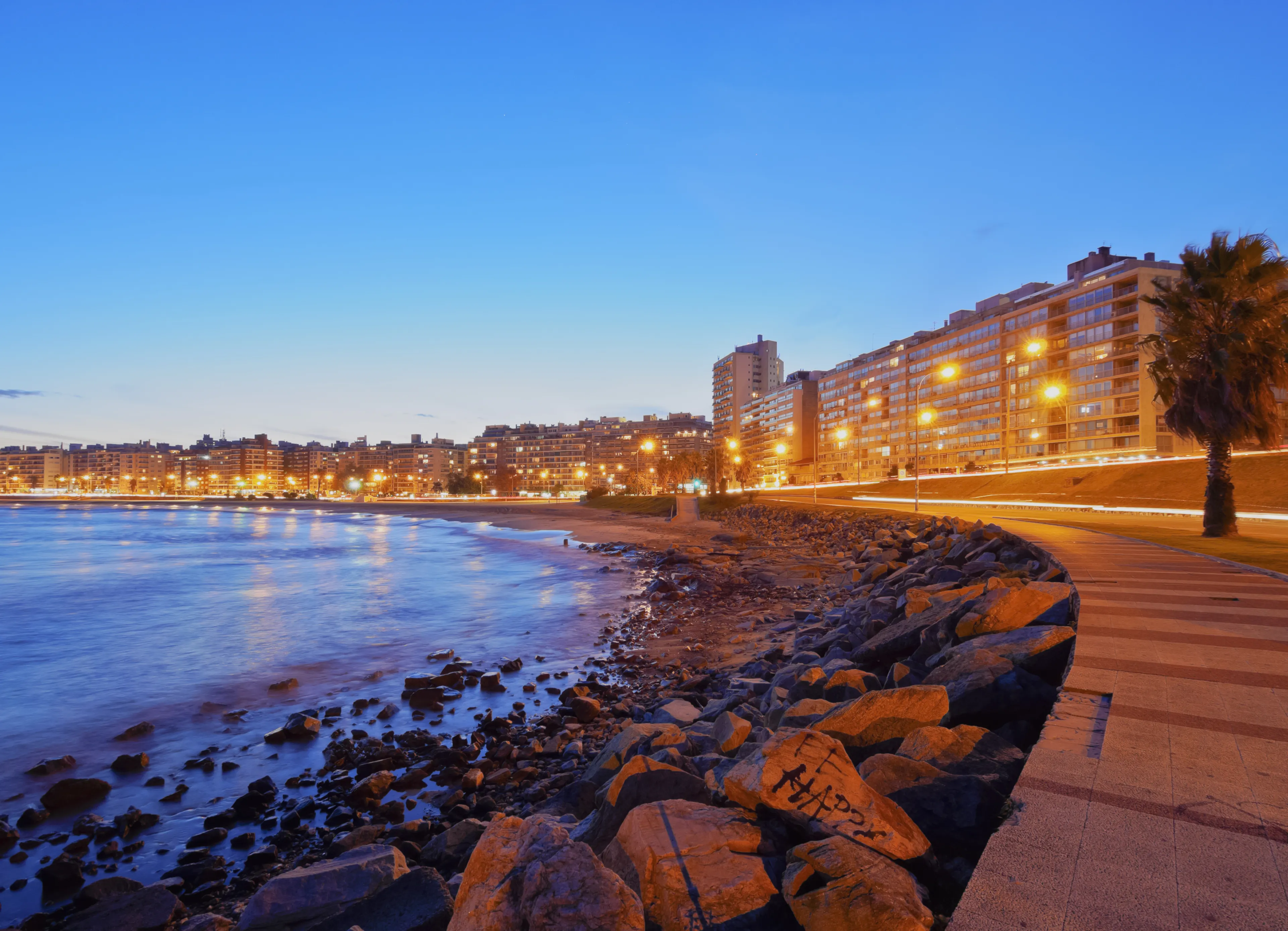 Uruguay, Montevideo, Twilight view of the Pocitos Coast on the River Plate.