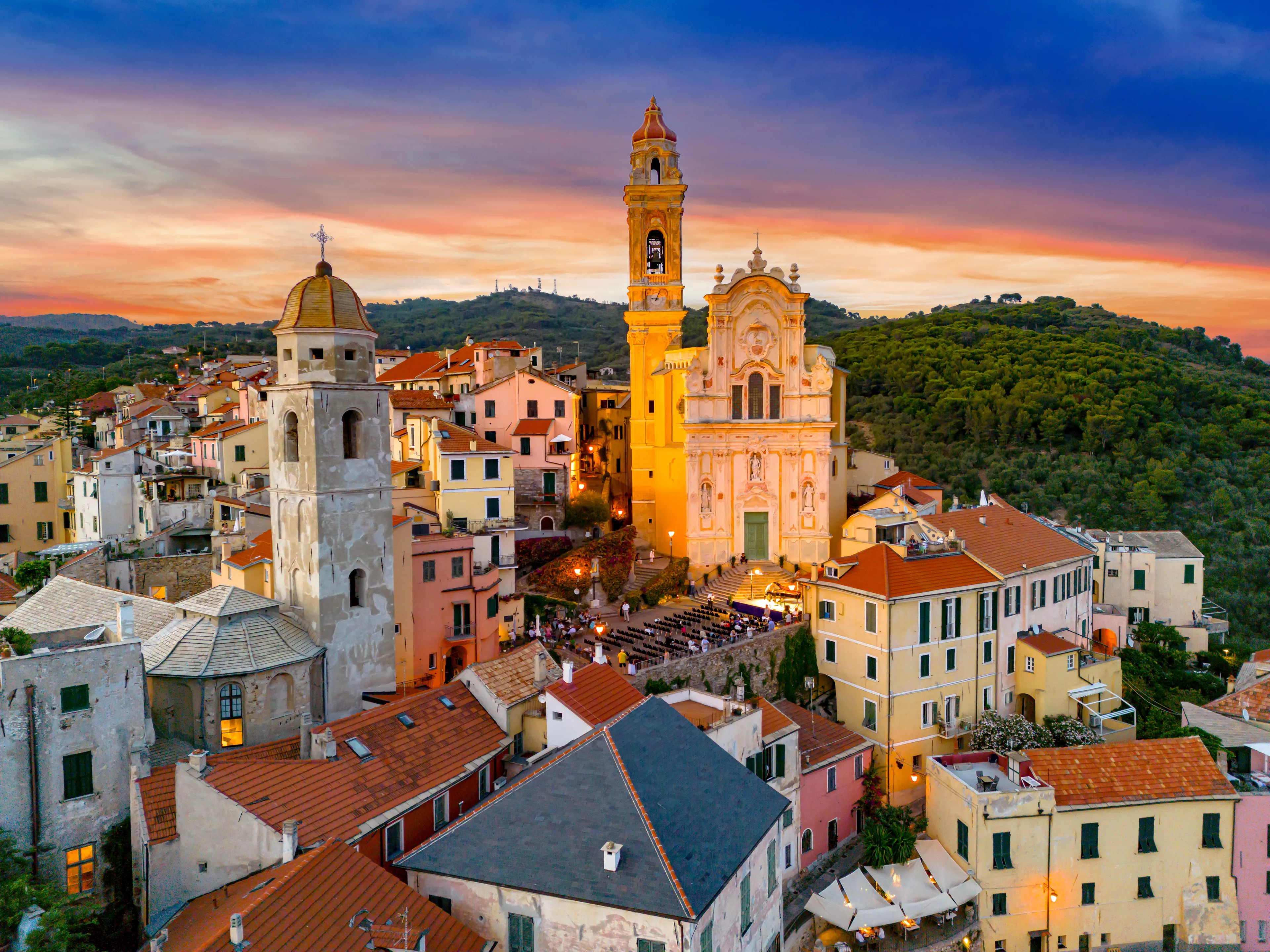 Aerial view of the village of Cervo on the Italian Riviera in the province of Imperia, Liguria, Italy