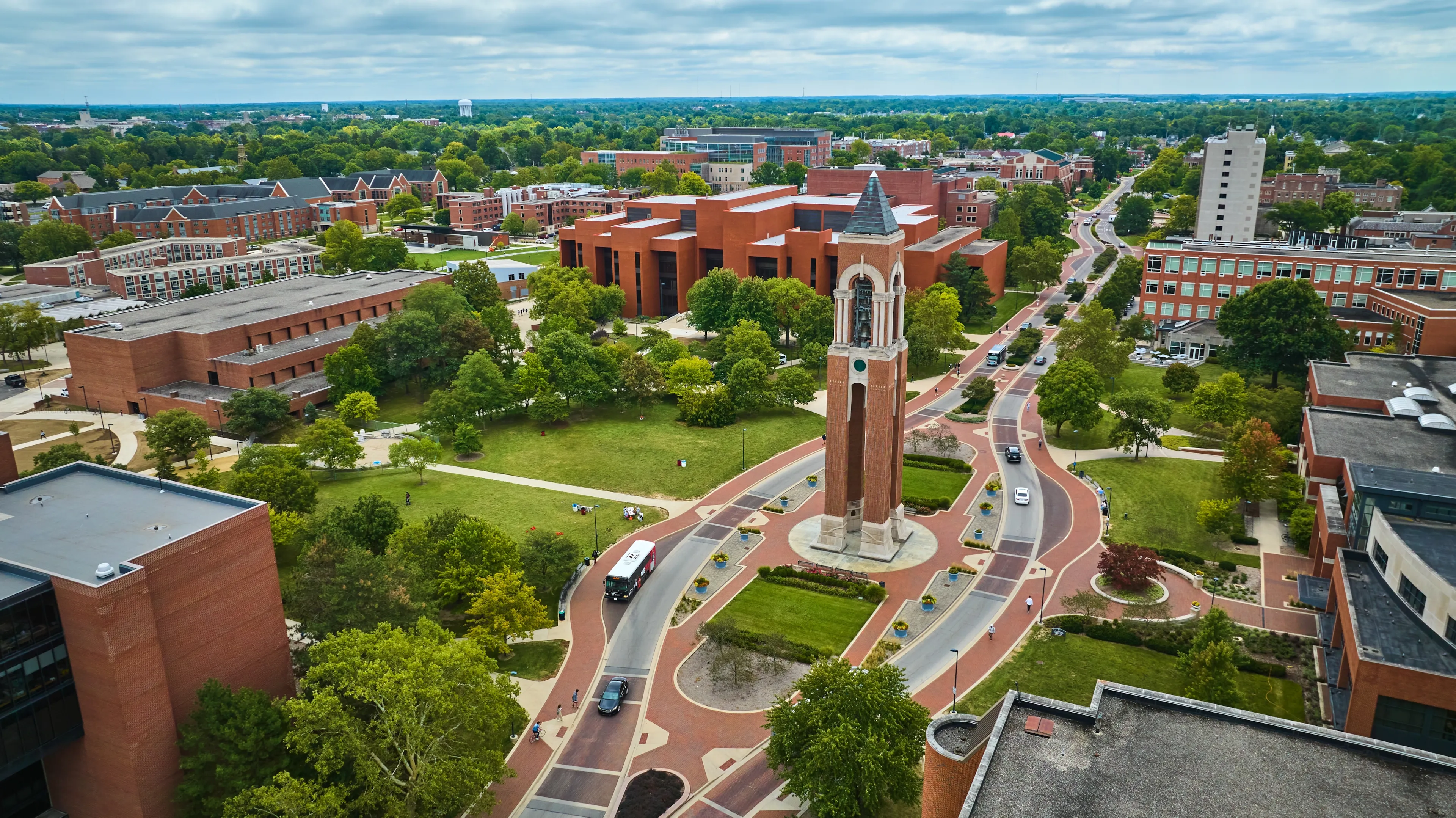 Shafer Tower with road at Ball State University campus aerial summer day Muncie, Indiana