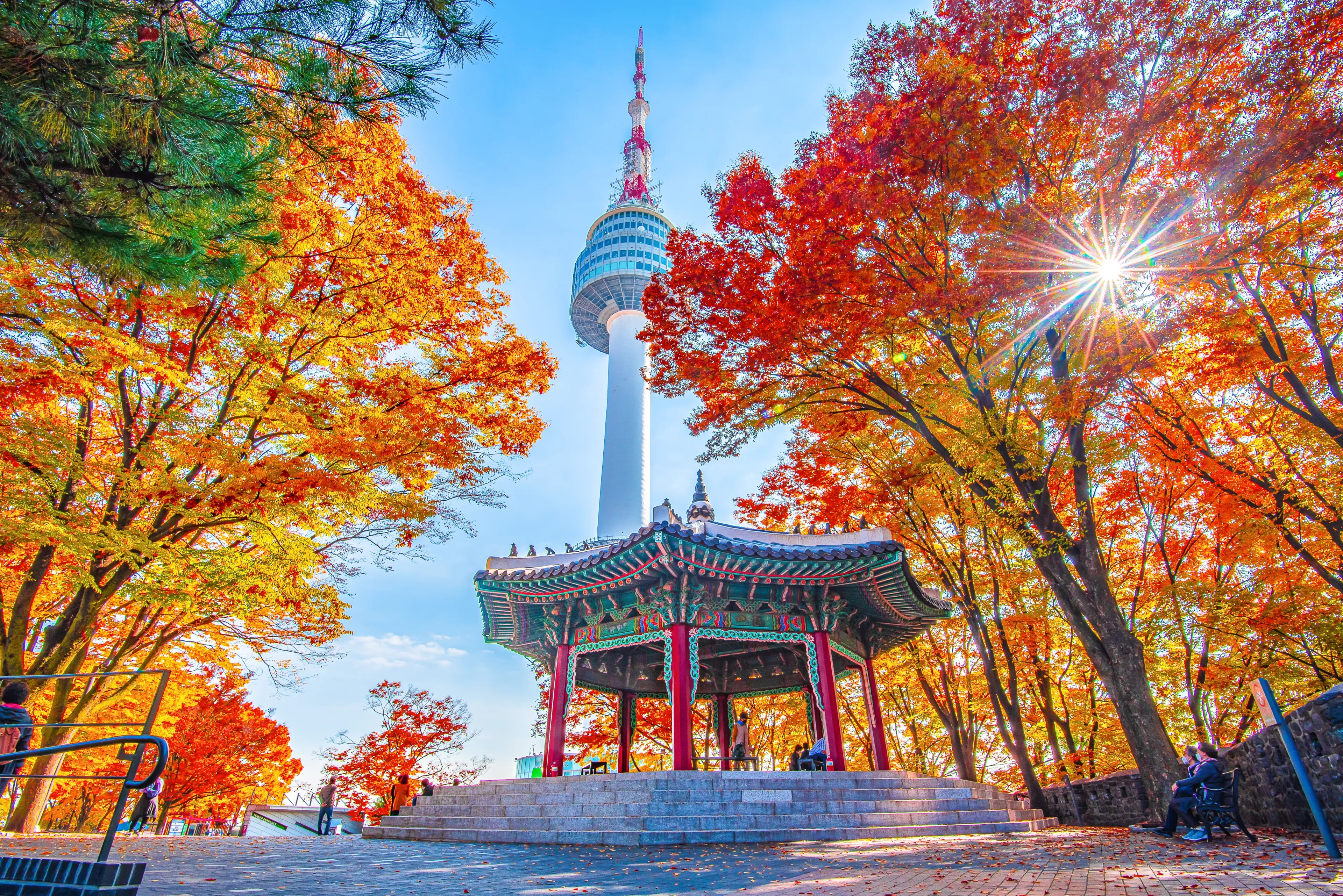 Namsan Tower and pavilion during the autumn leaves in Seoul, South Korea.