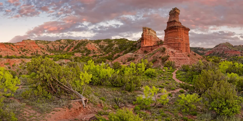 Panorama of Fiery Sunset Over Lighthouse Rock - Palo Duro Canyon State Park - Texas Panhandle