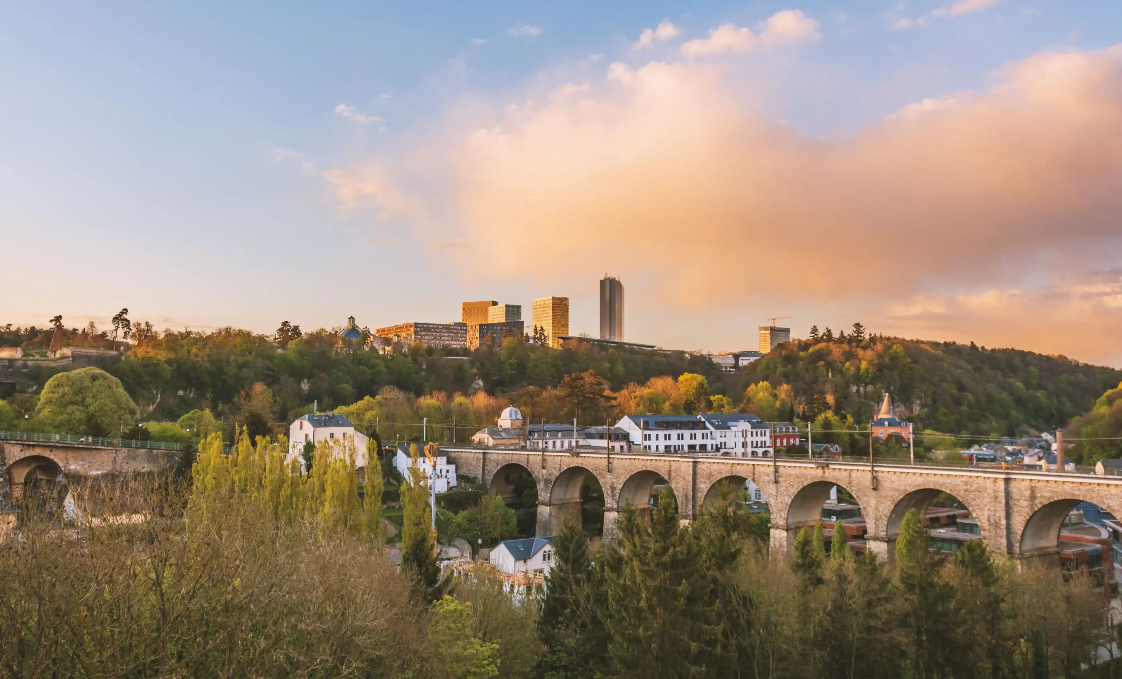 Luxembourg-city, 2019/05/05 Luxembourg - Panoramic view on the city of Luxembourg with Pfaffenthal district on the first plan and Kirchberg district on the back in spring Luxembourg-city, 2019/05/05 Luxembourg - Panoramic view on the city of Luxembourg with Pfaffenthal district on the first plan and Kirchberg district on the back in spring