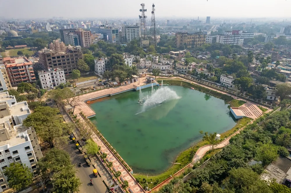 Patna, Bihar, India - January 17, 2022: Aerial view of Adalat Ganj Lake and surrounding urban settlements at Patna, Bihar, India