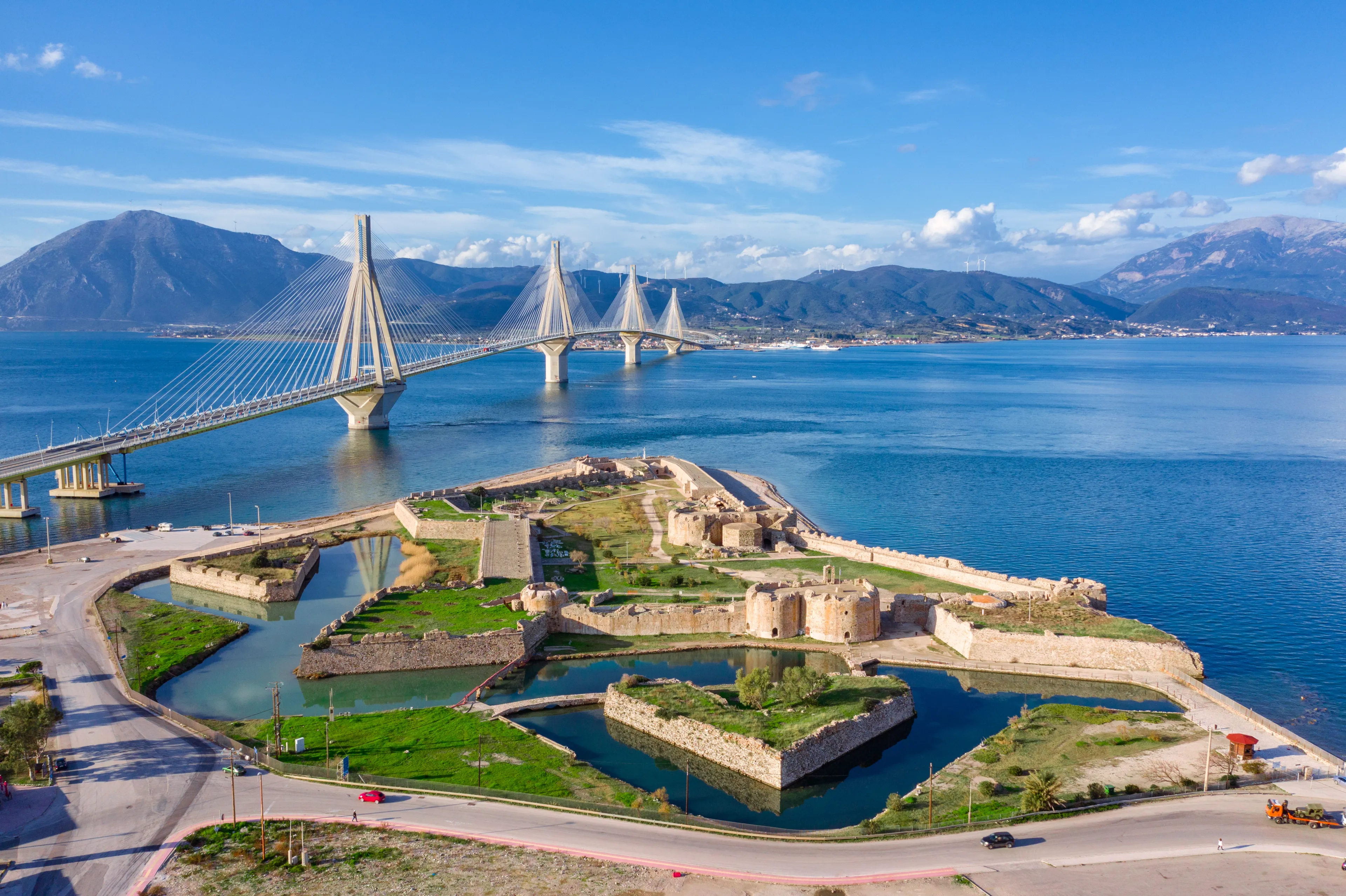 The Rio-Antirrio Bridge, officially the Charilaos Trikoupis Bridge, longest multi-span cable-stayed bridges and longest of the fully suspended type, Greece