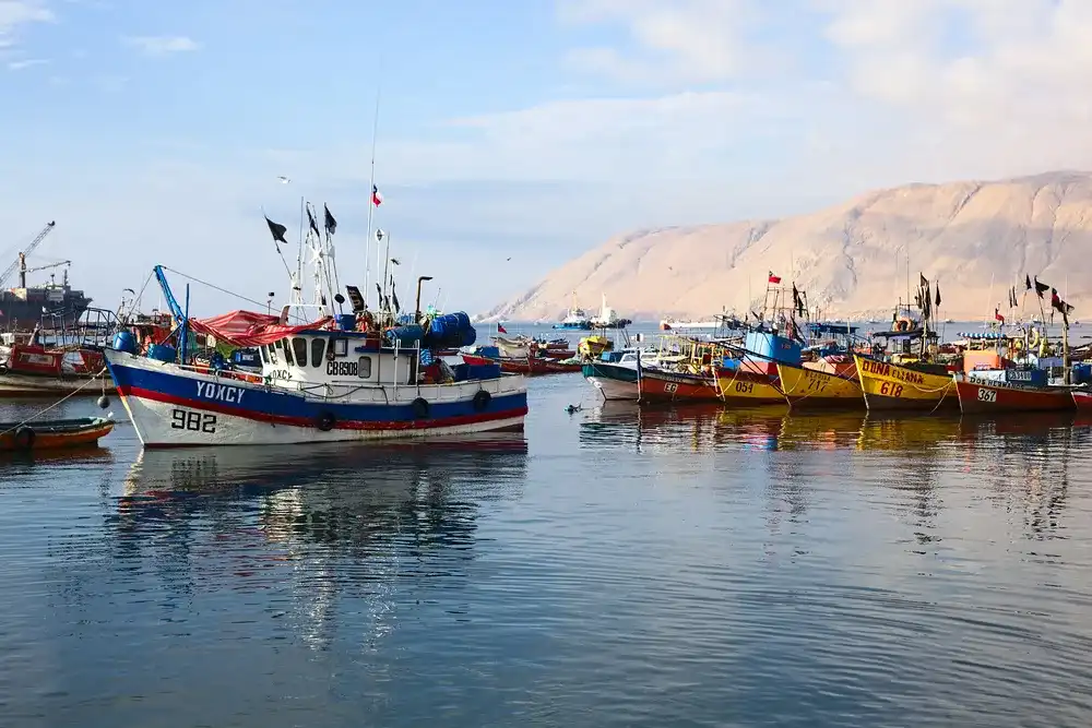 IQUIQUE, CHILE - JANUARY 22, 2015: Fishing boats anchoring in the port of Iquique on January 22, 2015 in Iquique, Chile. Iquique is an important port city in Northern Chile. IQUIQUE, CHILE - JANUARY 22, 2015: Fishing boats anchoring in the port of Iquique on January 22, 2015 in Iquique, Chile. Iquique is an important port city in Northern Chile.