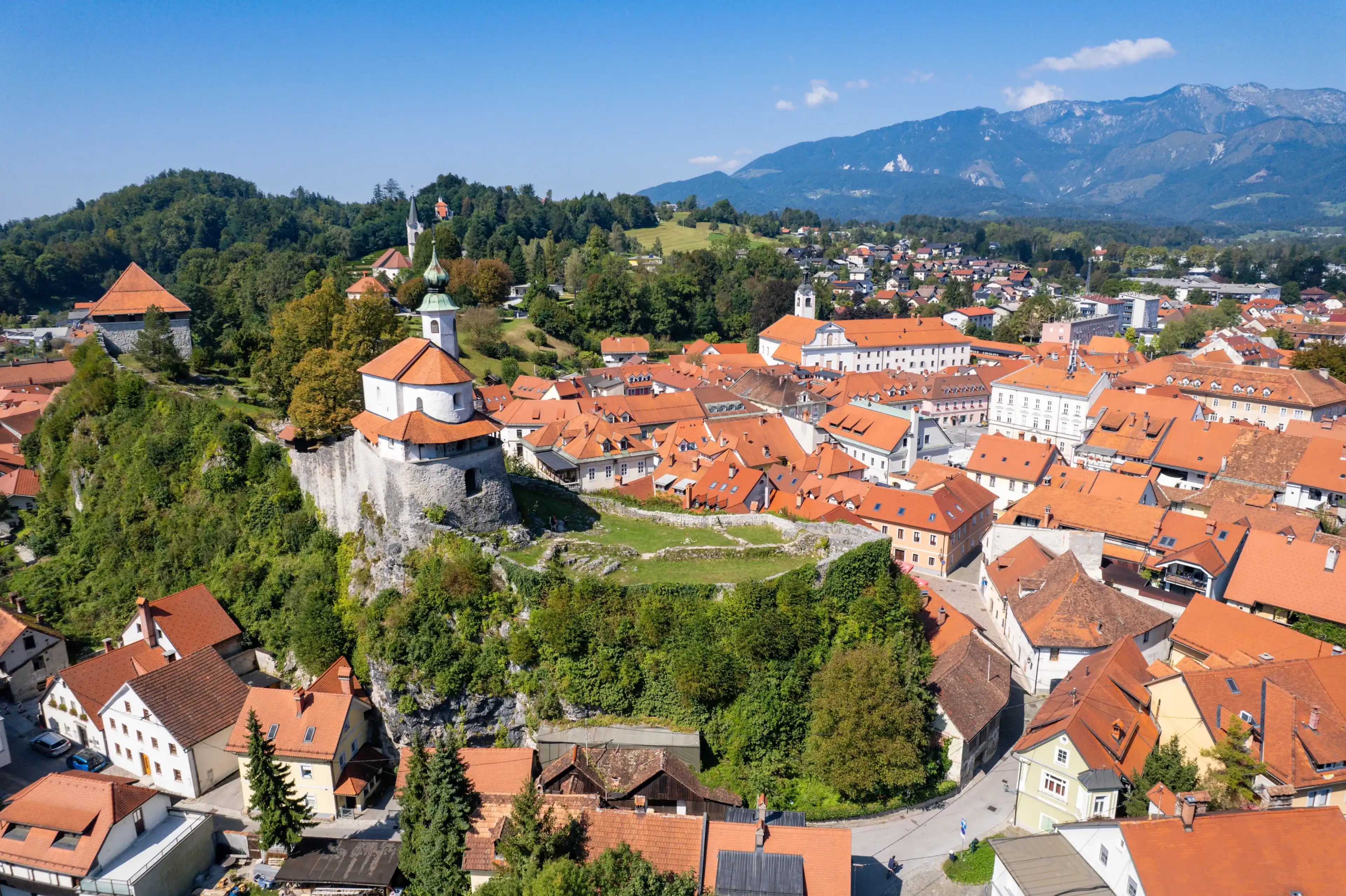 Aerial view of the beautiful slovenian village of Kamnik Slovenia during summer Aerial view of the beautiful slovenian village of Kamnik Slovenia during summer