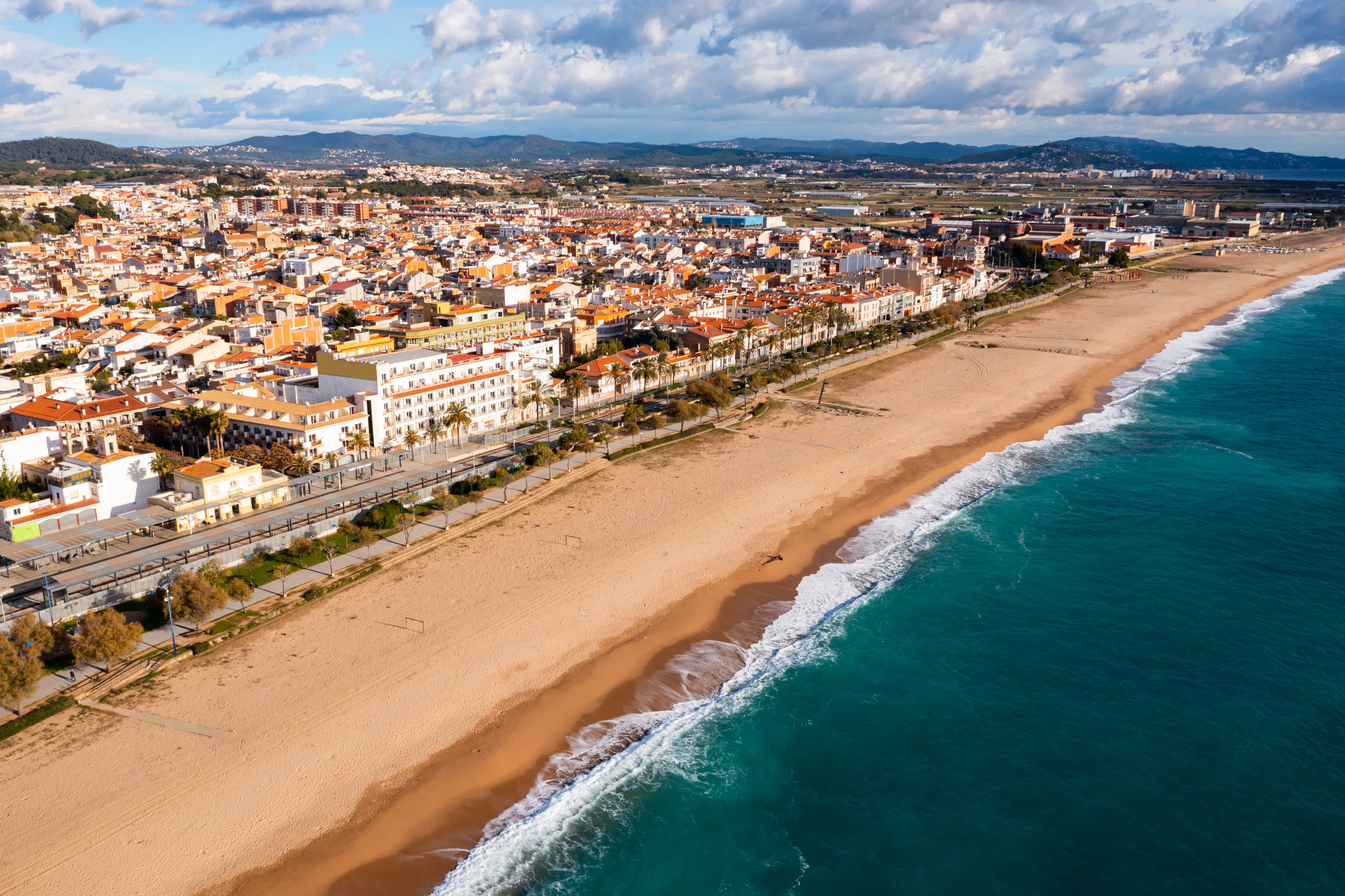 Aerial photo of Mediterranean coast in Malgrat de Mar, Catalonia, Spain.