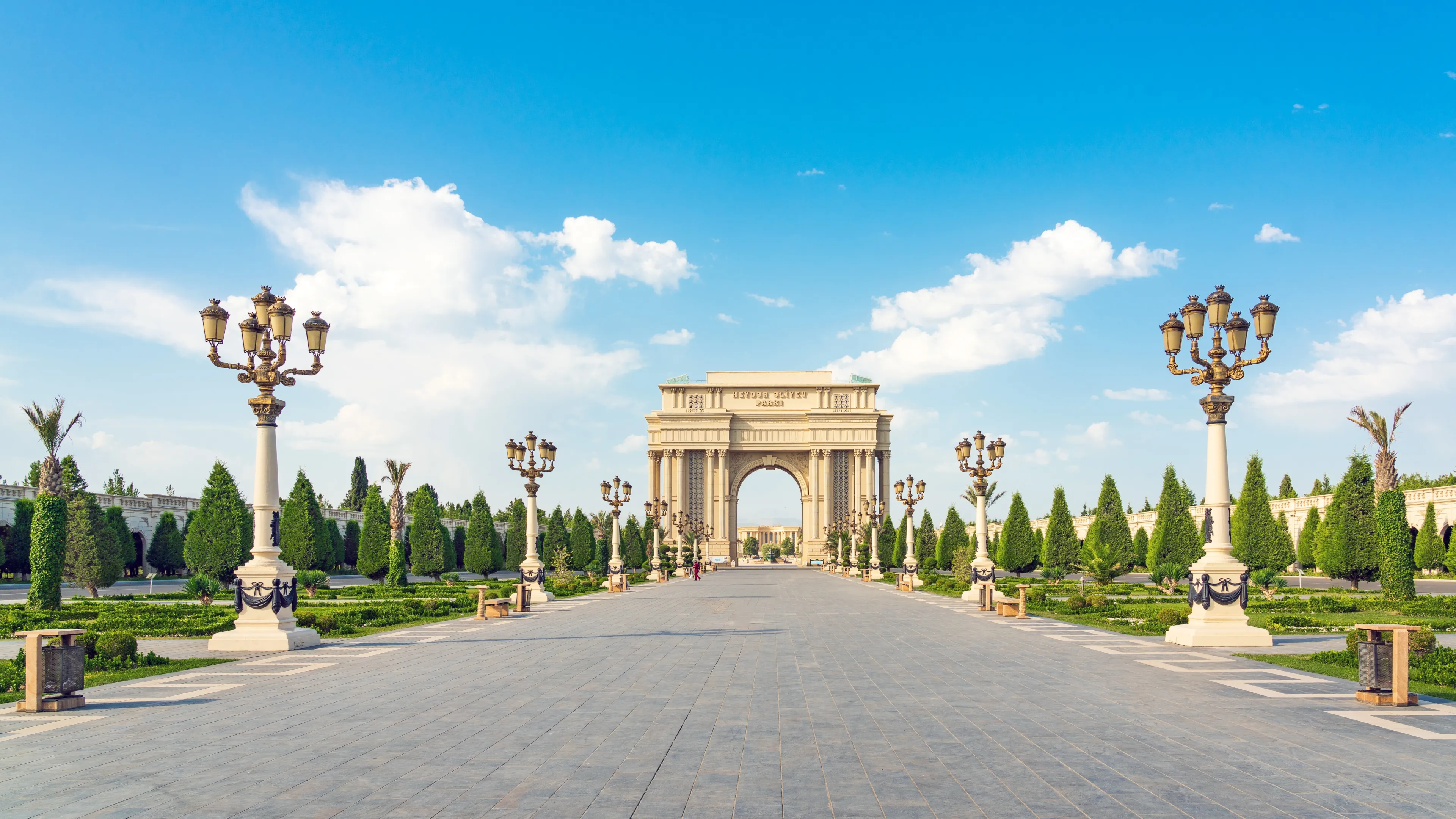 Ganja. Azerbaijan - August 19 2023. Arch entry Heydar Aliyev park, bignest park on Caucasus