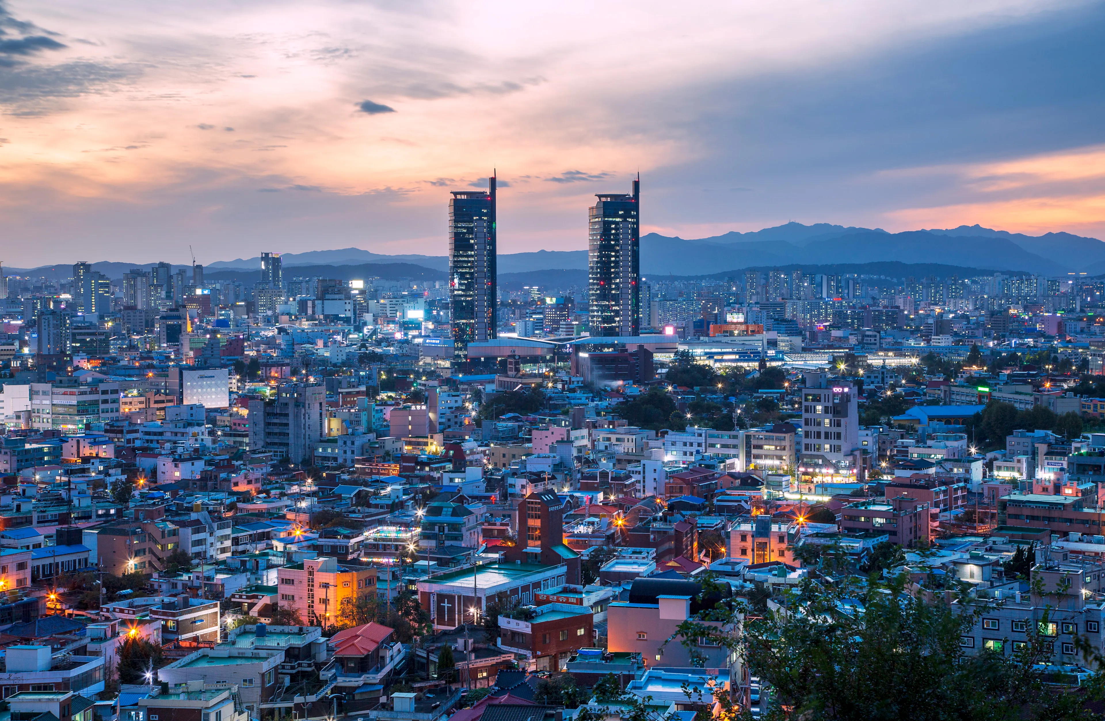 Don-gu, Daejeon, South Korea - October 5, 2020: Sunset and night view of downtown Daejeon with houses and highrise apartments seen from Daedong Sky Park