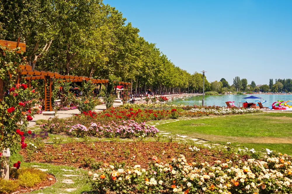 Lake Balaton beach and flower garden at Balatonfured, Hungary