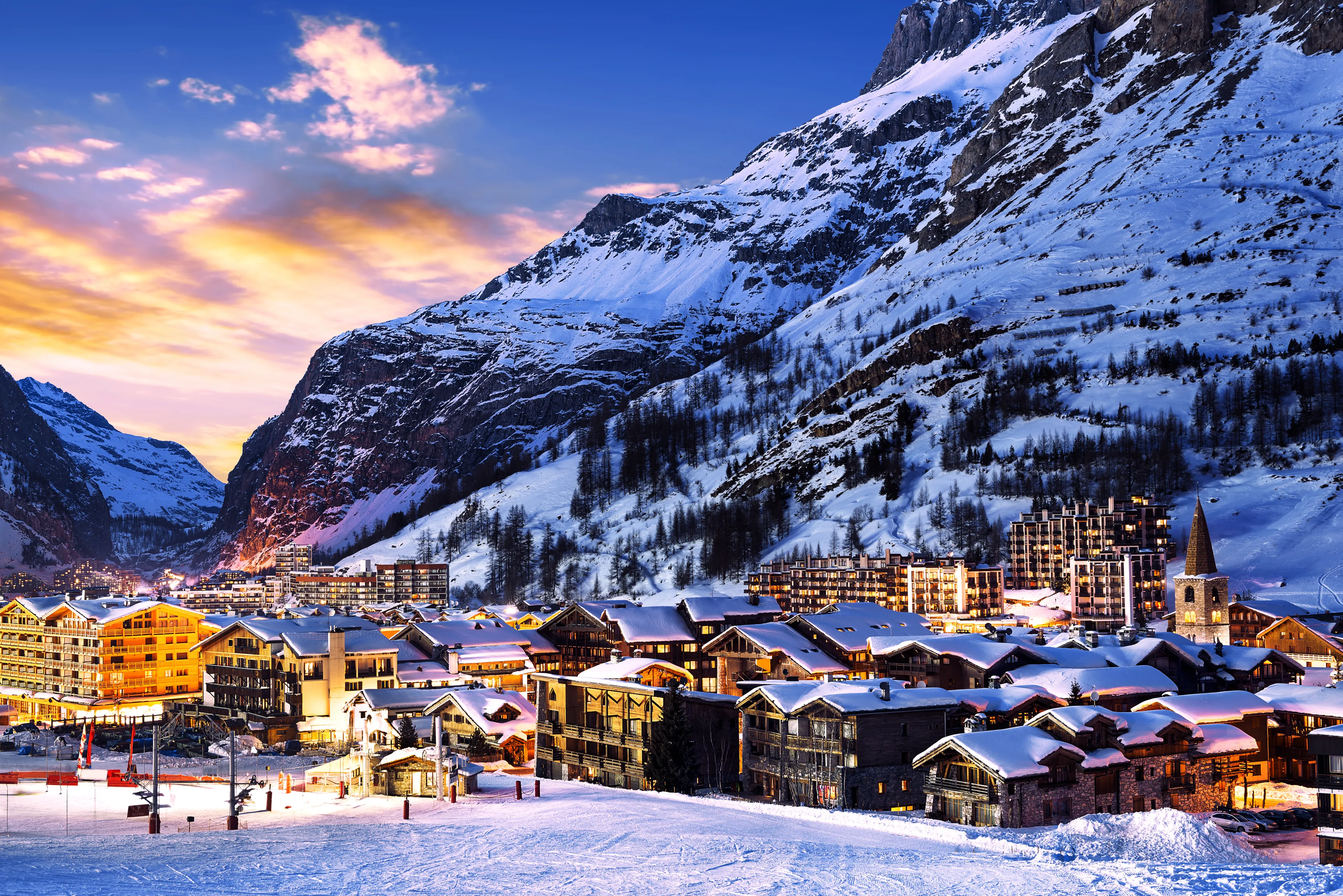 Famous and luxury place of Val d'Isere at sunset, Tarentaise, Alps, France