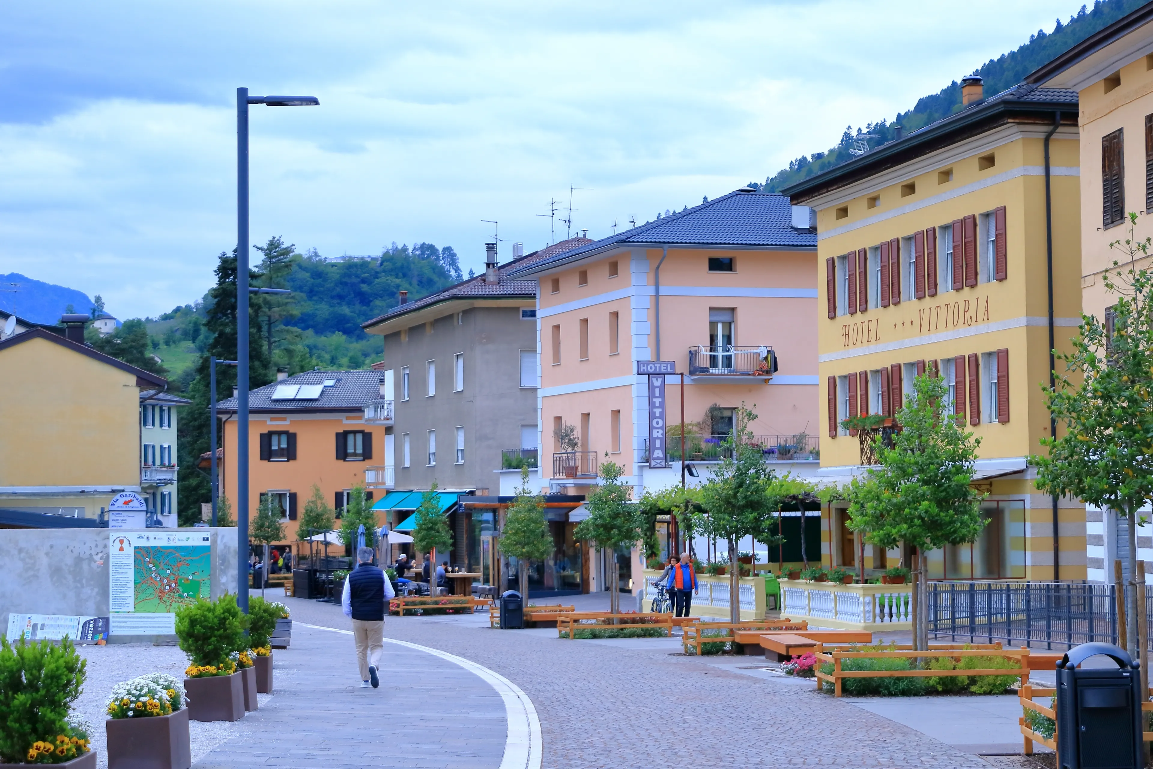 May 18 2023 - Levico Terme, Löweneck in Italy: the center of the village with tourists