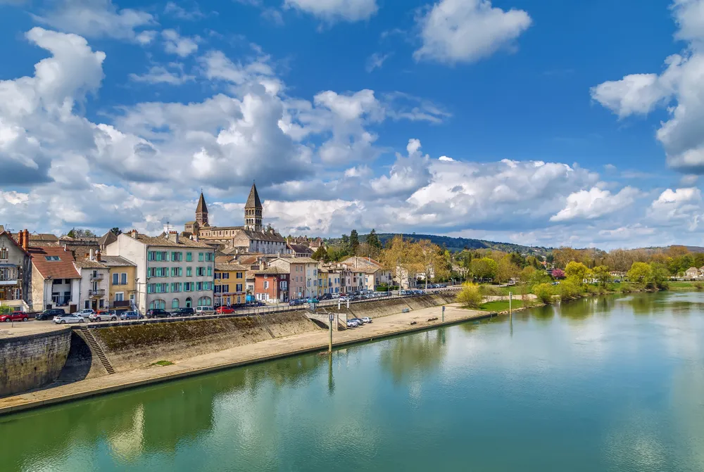 View of Tournus with abbey fron Saone river, France