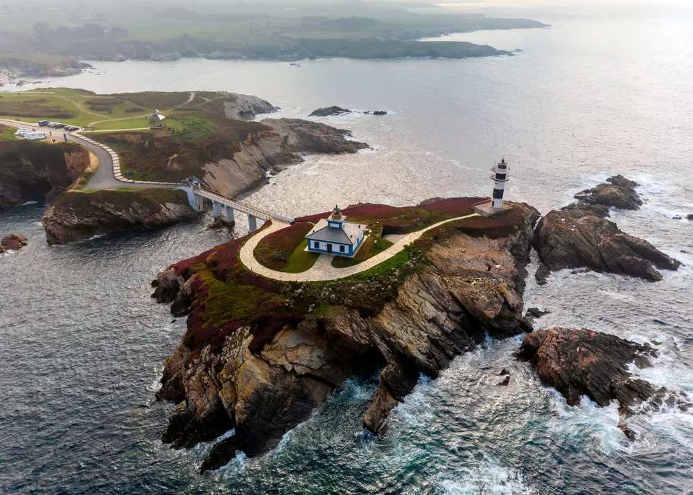 aerial view of lighthouse Isla Pancha, Ribadeo , Galicia, Lugo , Spain
