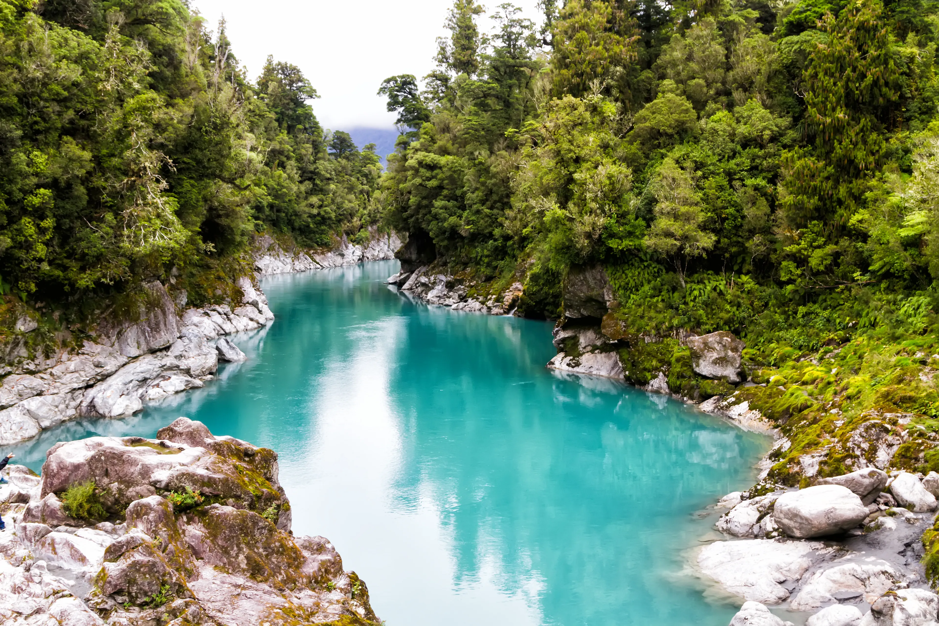 Blue water of the Hokitika River through the rock sided at Hokitika Gorge Scenic Reserve, West coast, south island New Zealand